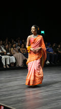 PINK - ORANGE APPLIQUE EMBROIDERED SILK BANDHANI SAREE WITH TASSELS