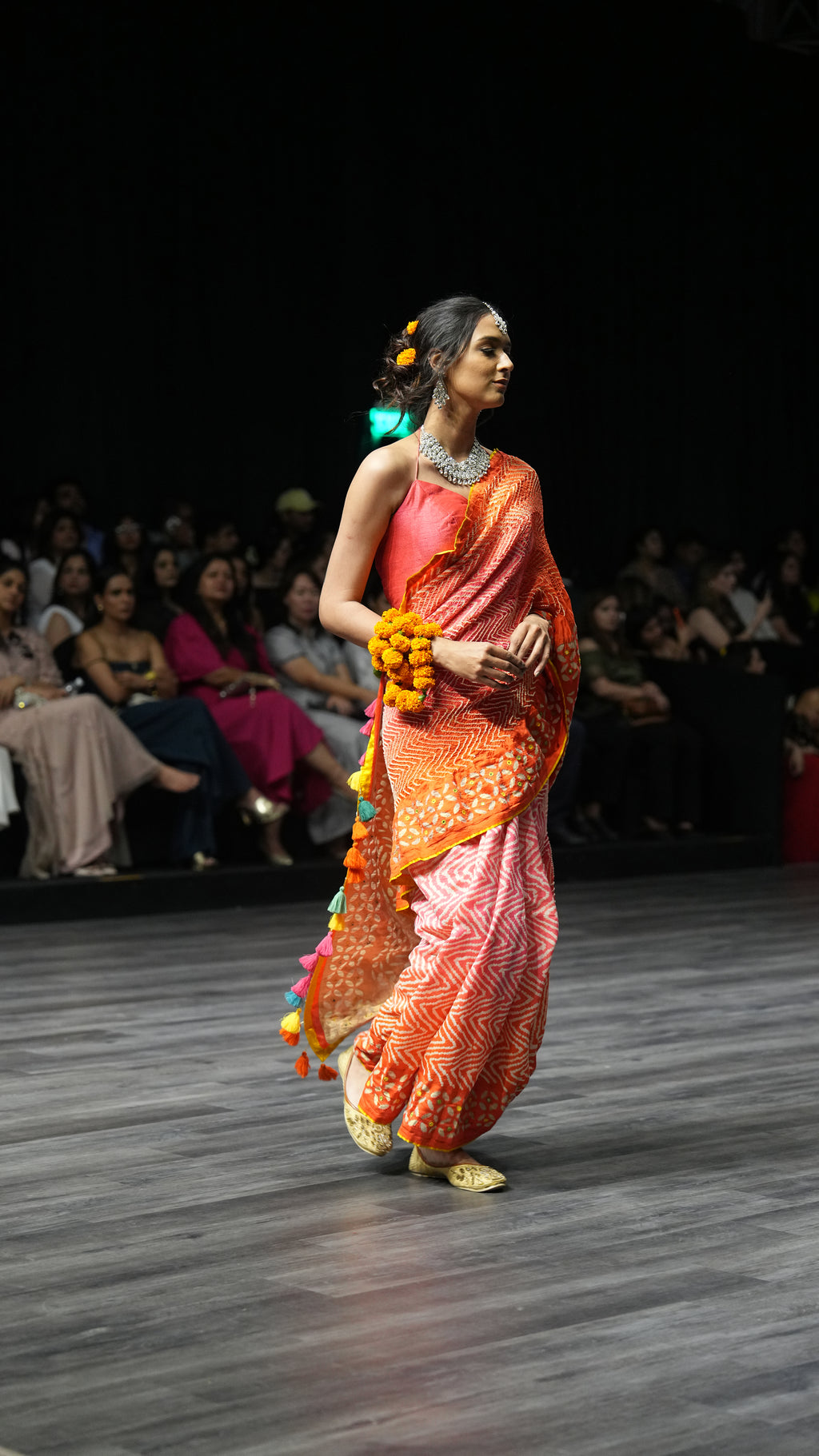 PINK - ORANGE APPLIQUE EMBROIDERED SILK BANDHANI SAREE WITH TASSELS