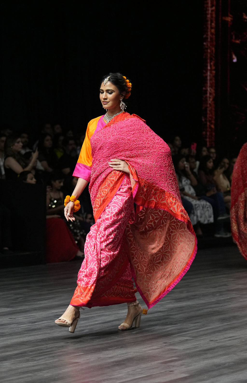 PINK - ORANGE APPLIQUE EMBROIDERED SILK BANDHANI SAREE WITH TASSELS