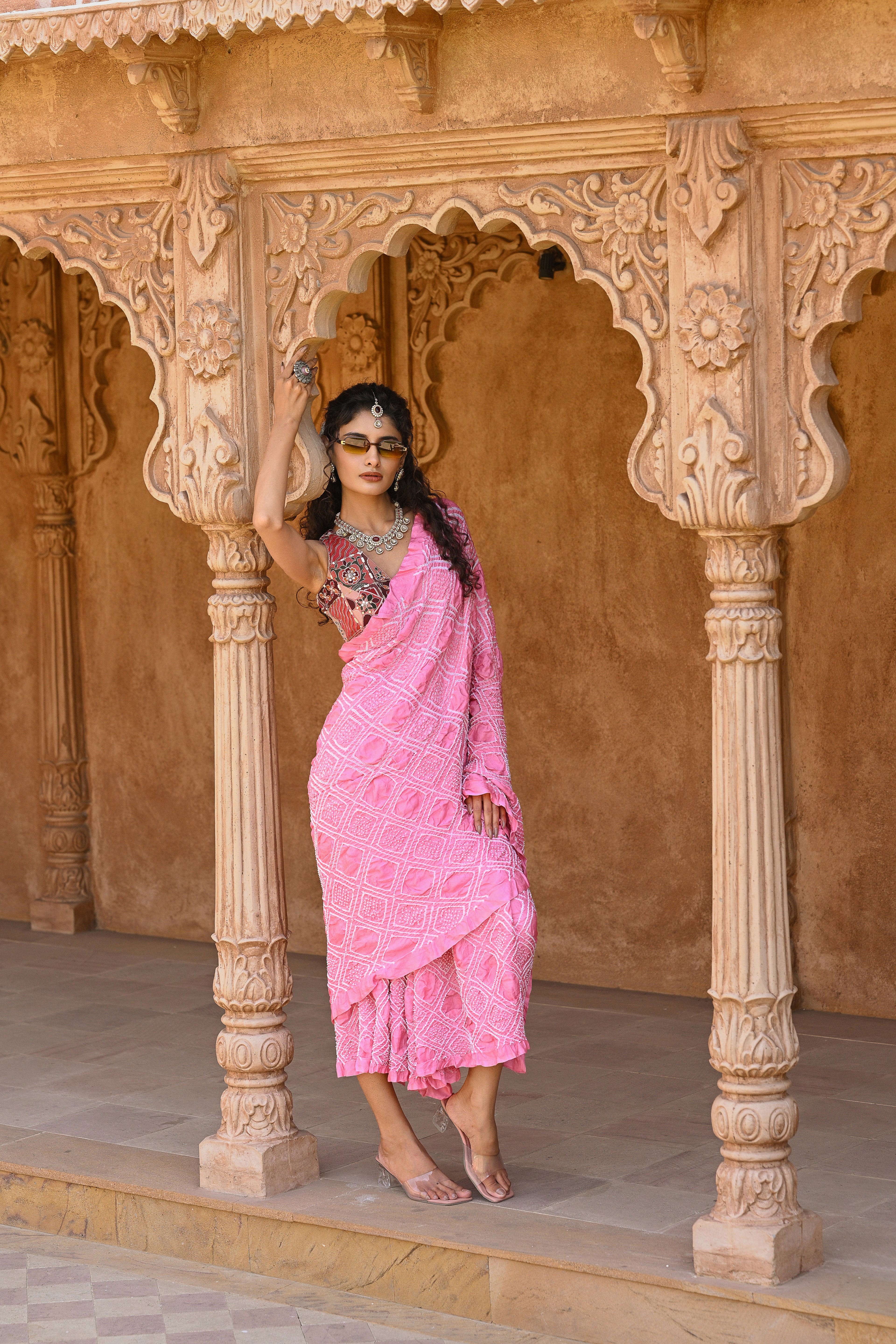 LIGHT PINK SQUARE SILK BANDHANI SAREE