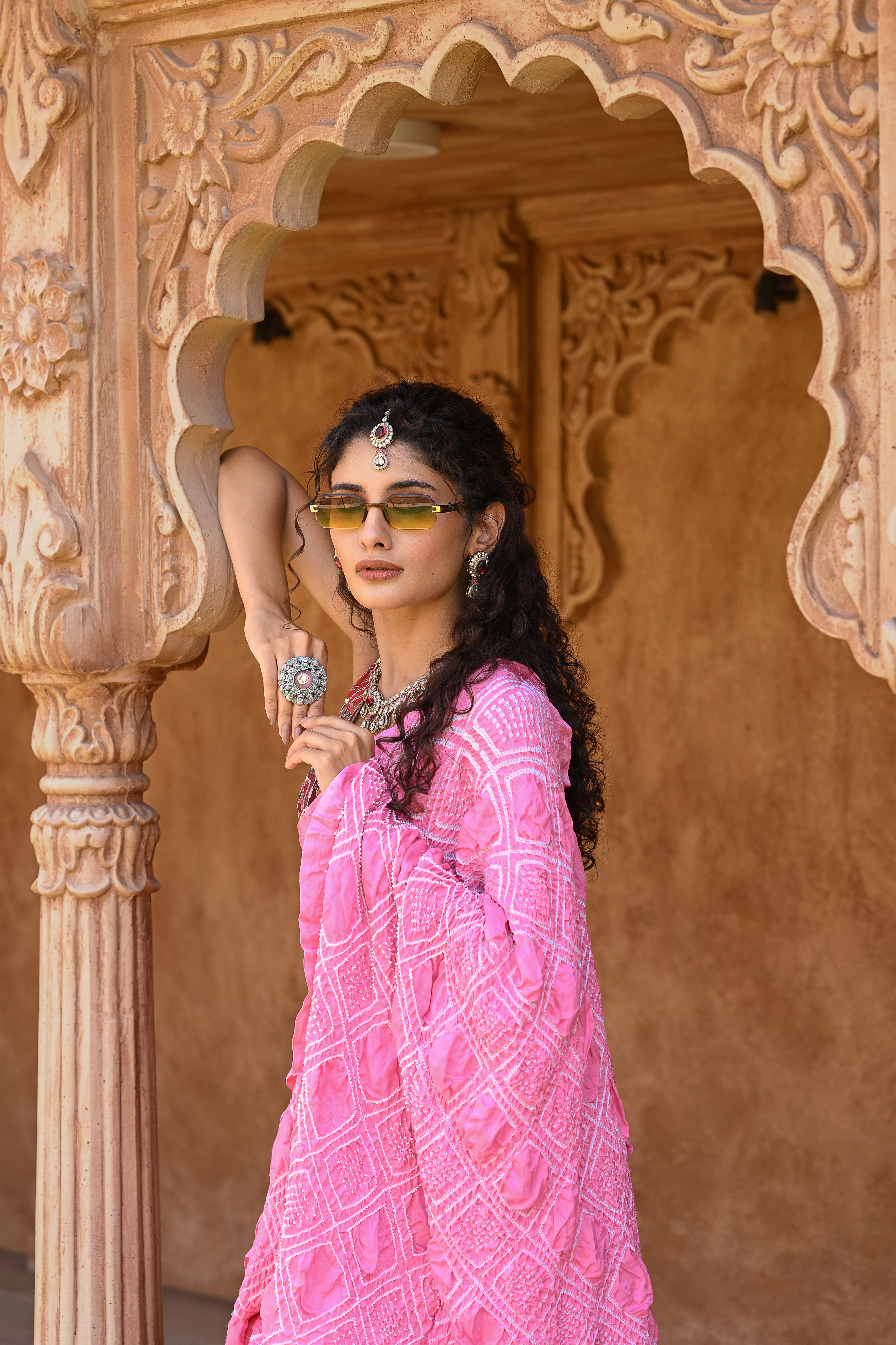 LIGHT PINK SQUARE SILK BANDHANI SAREE