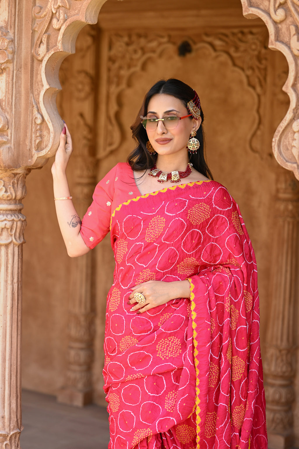 PINK CIRCLE OF THE LIFE SILK BANDHANI SAREE
