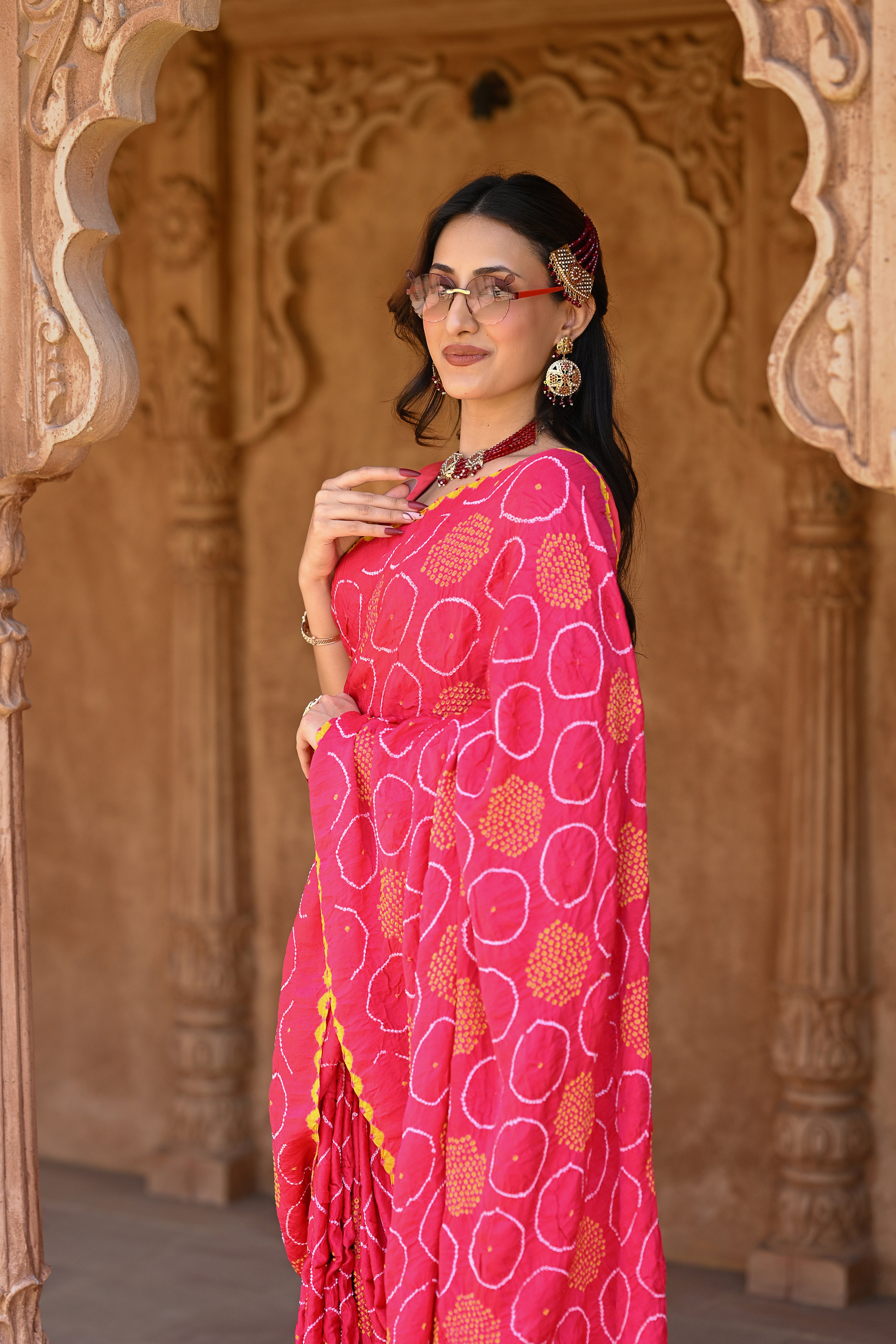 PINK CIRCLE OF THE LIFE SILK BANDHANI SAREE