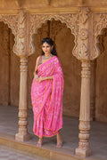 LIGHT PINK FLORAL SILK BANDHANI SAREE