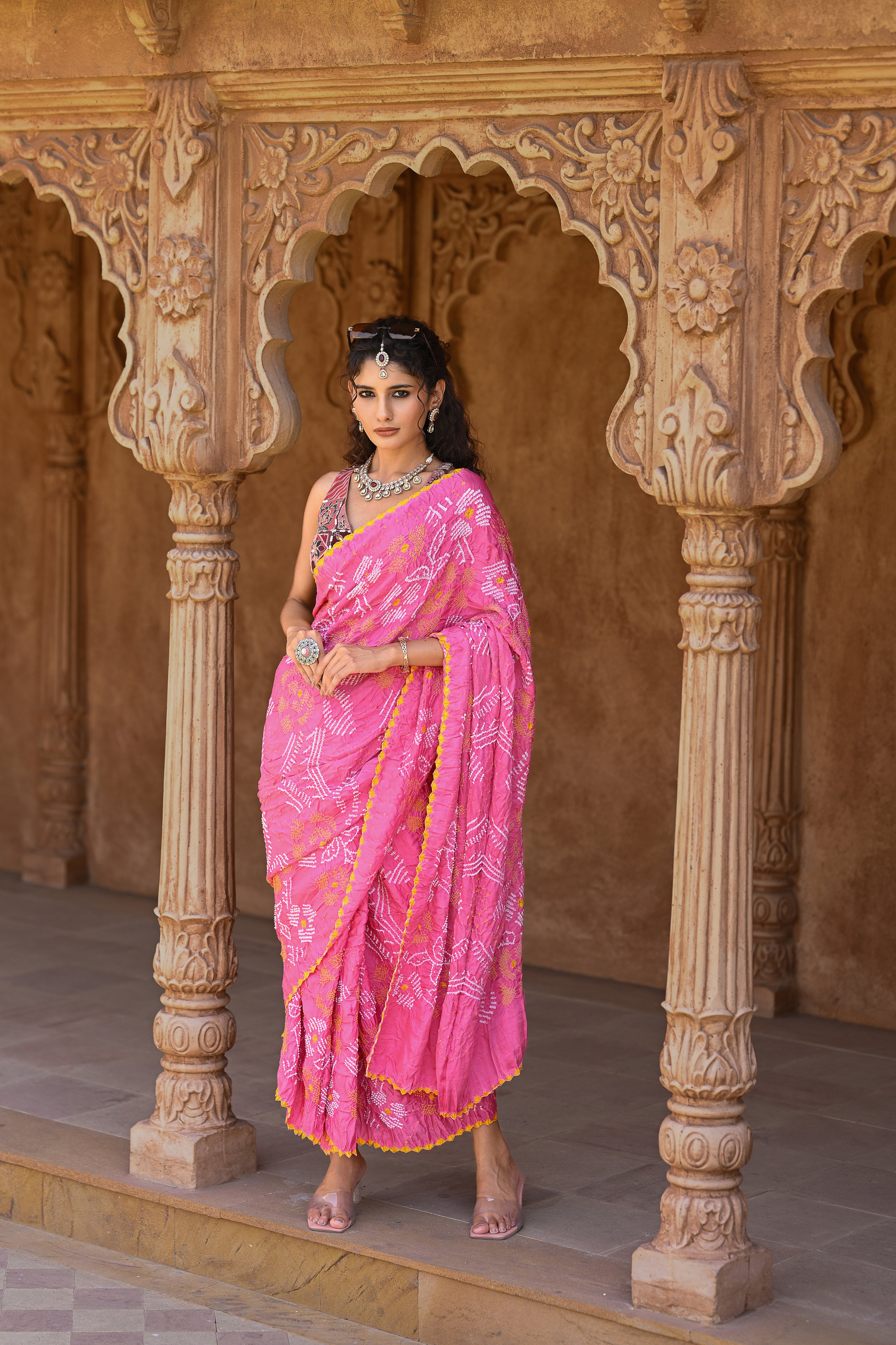 LIGHT PINK FLORAL SILK BANDHANI SAREE