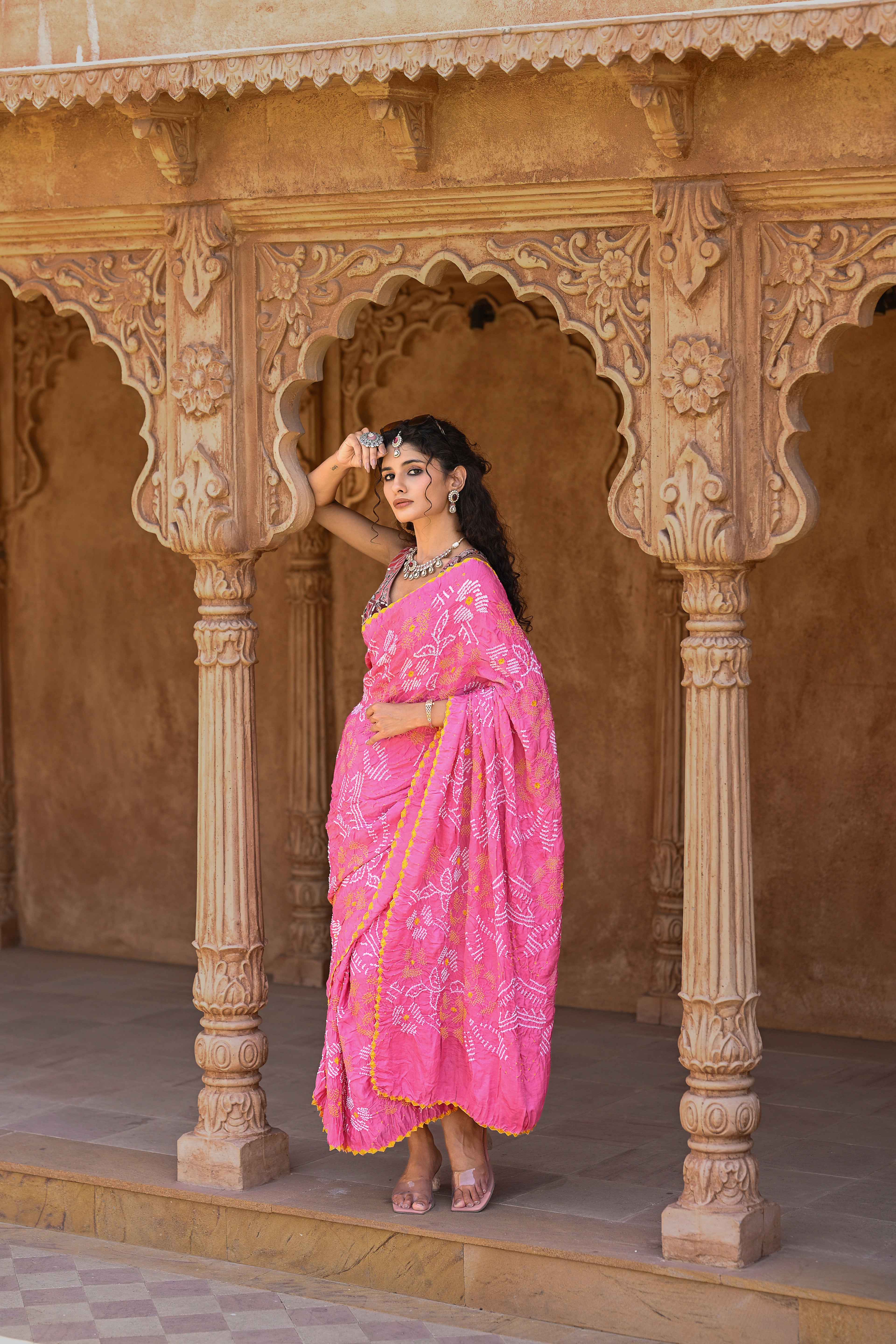 LIGHT PINK FLORAL SILK BANDHANI SAREE