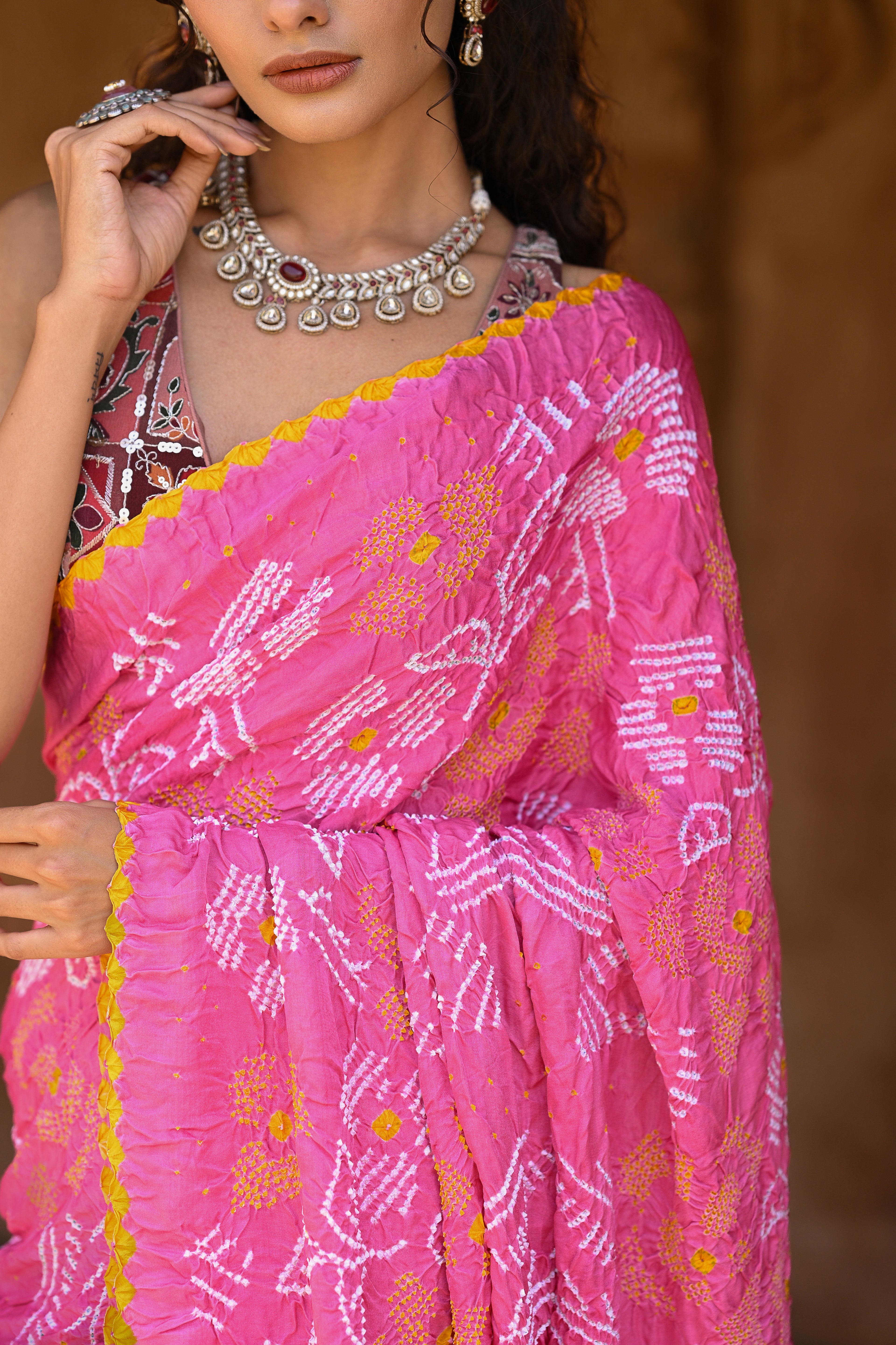 LIGHT PINK FLORAL SILK BANDHANI SAREE