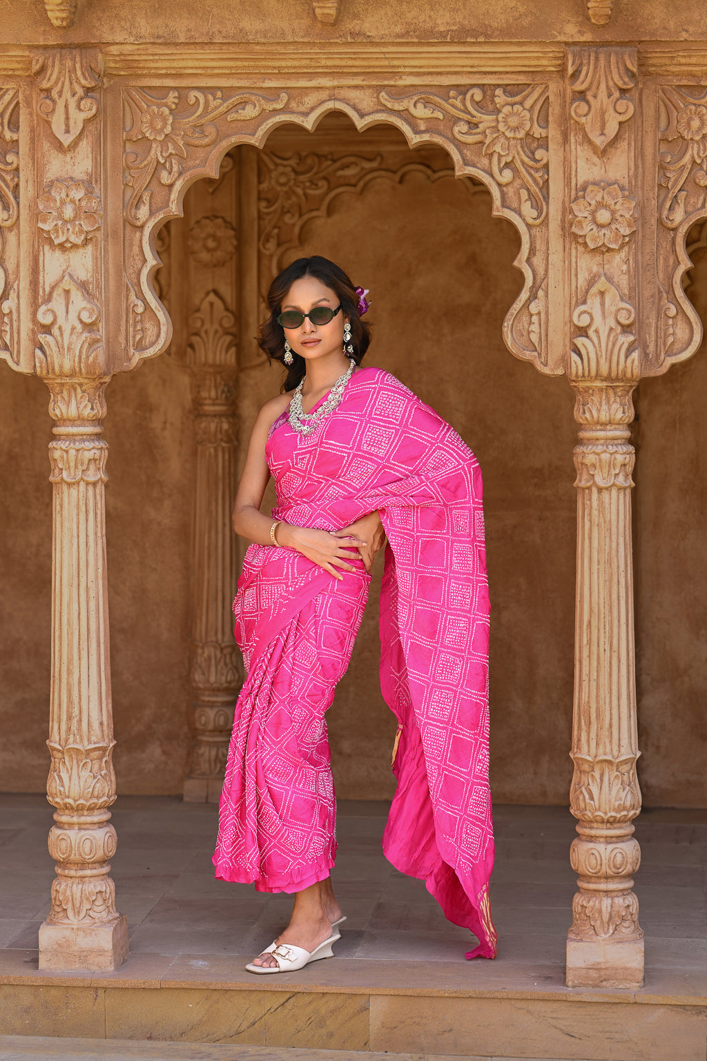 PINK SQAURE SILK BANDHANI SAREE