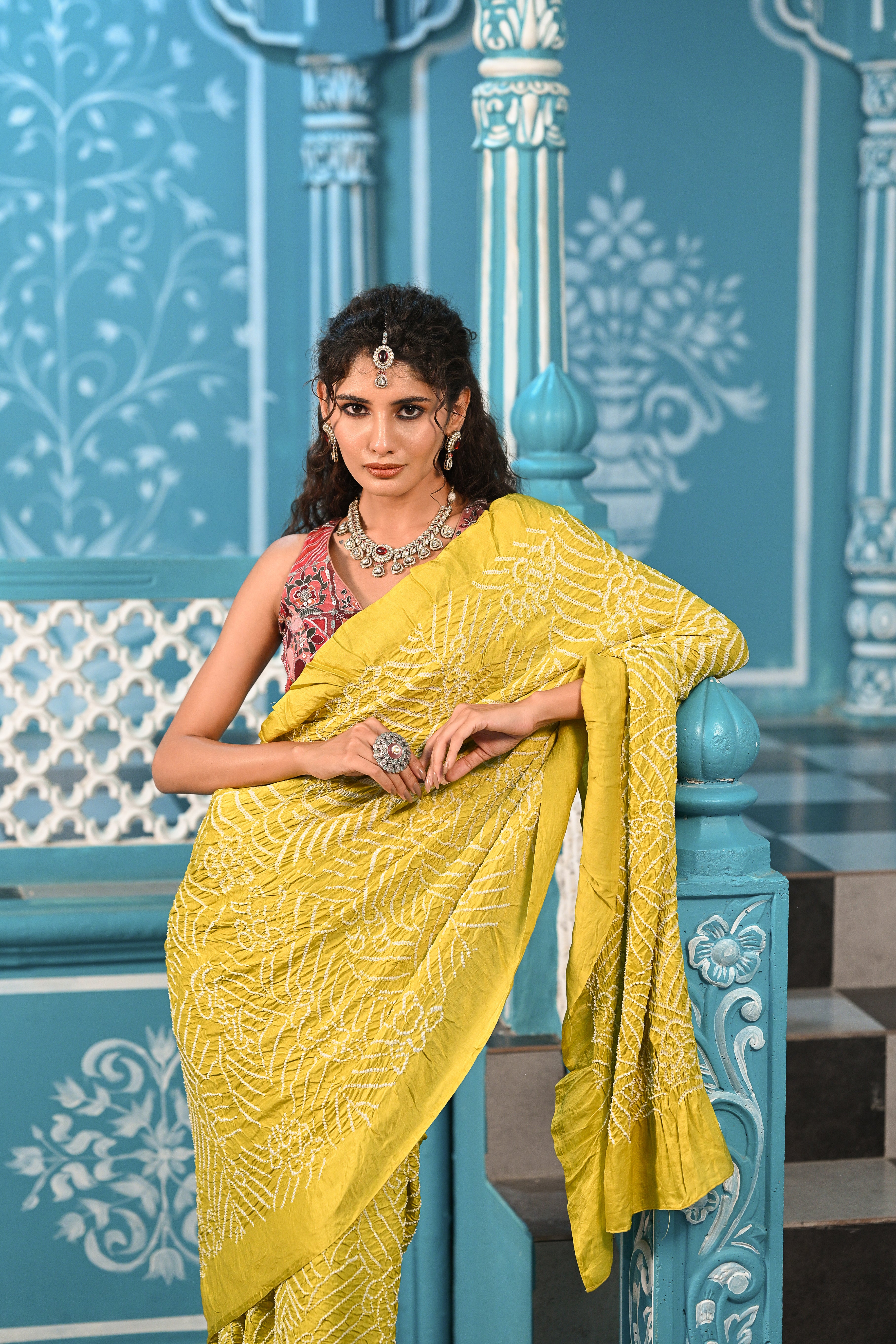 MUSTARD YELLOW JAPANESE WAVE BANDHANI SILK SAREE
