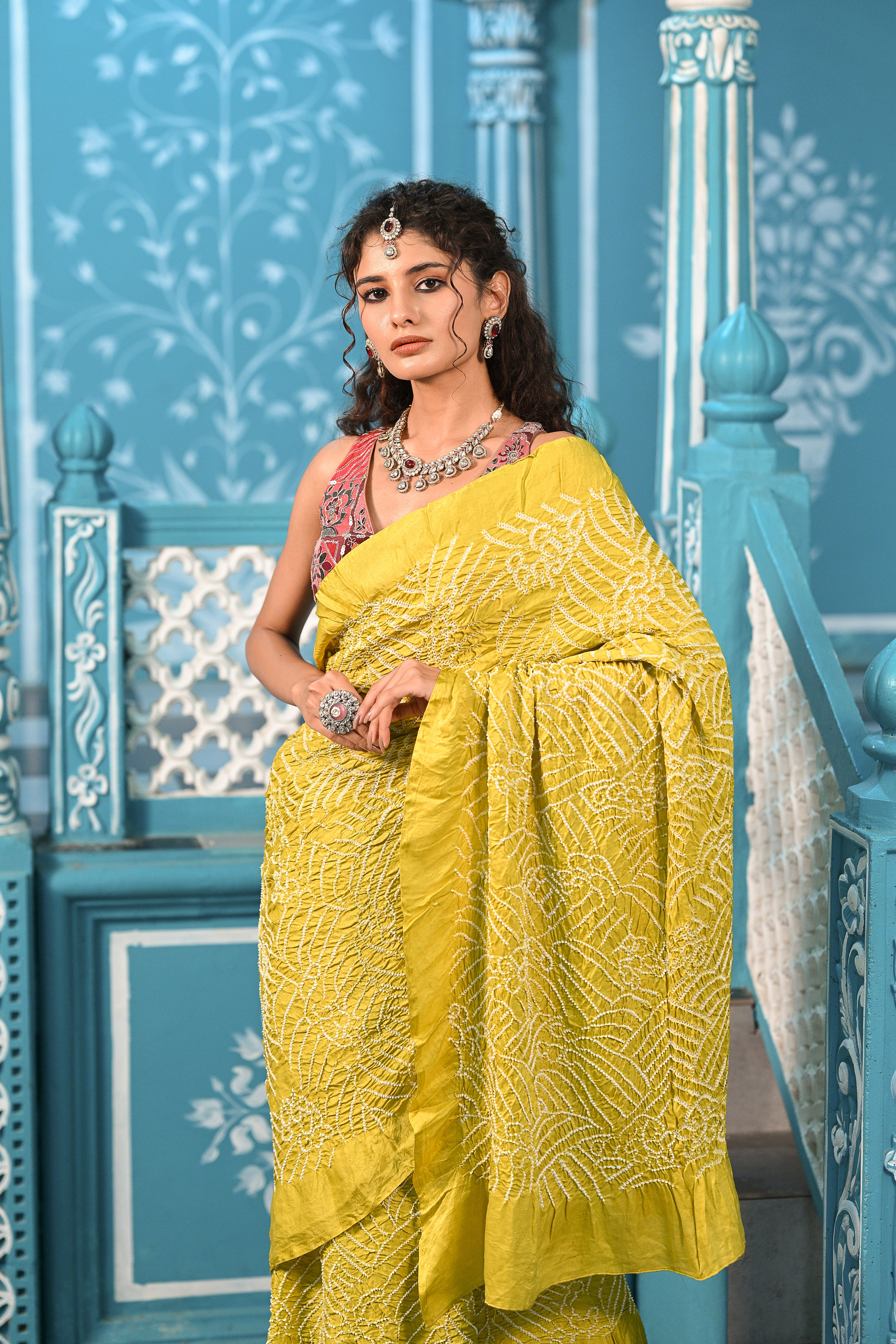 MUSTARD YELLOW JAPANESE WAVE BANDHANI SILK SAREE
