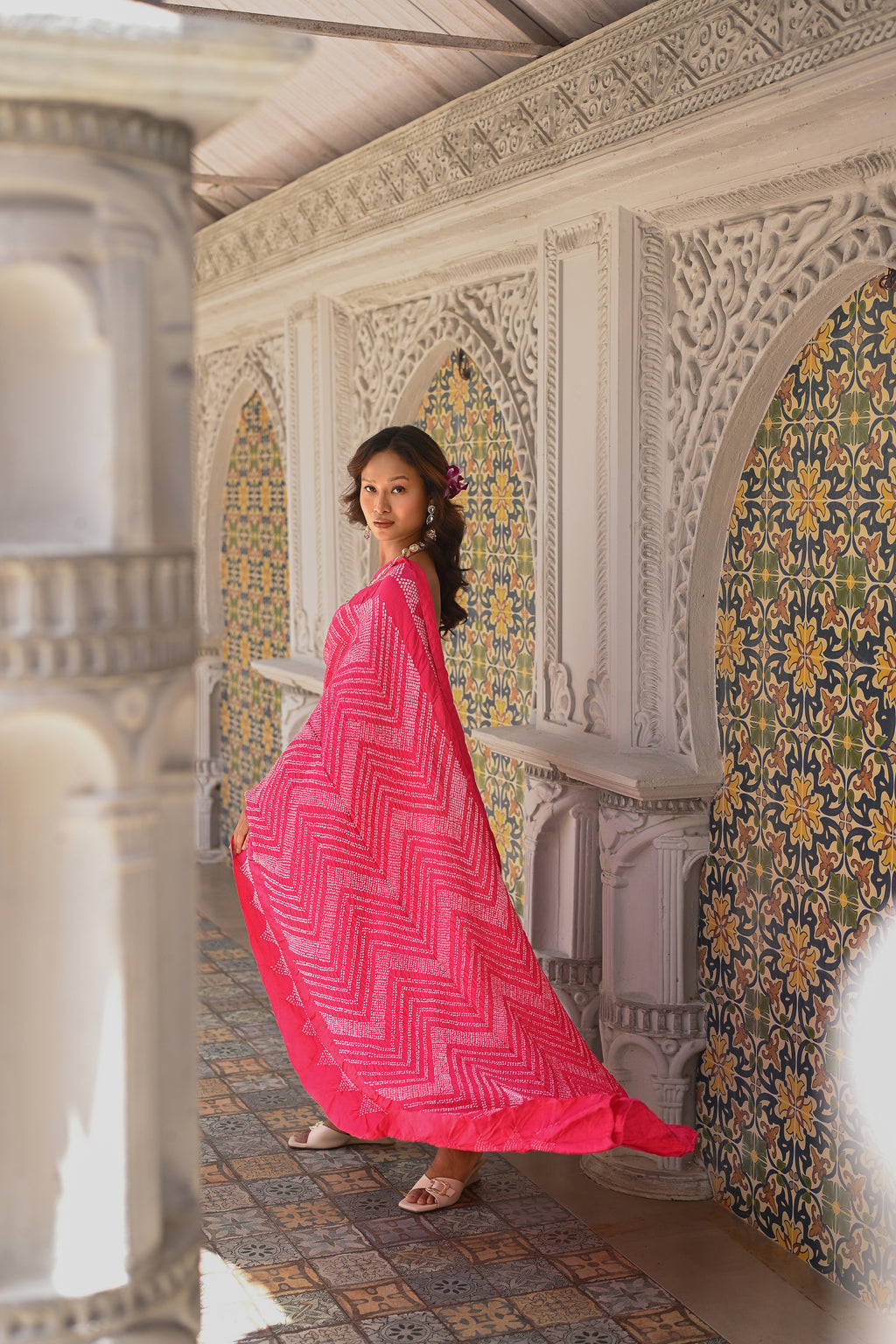 PINK CHEVRON SILK BANDHANI SAREE