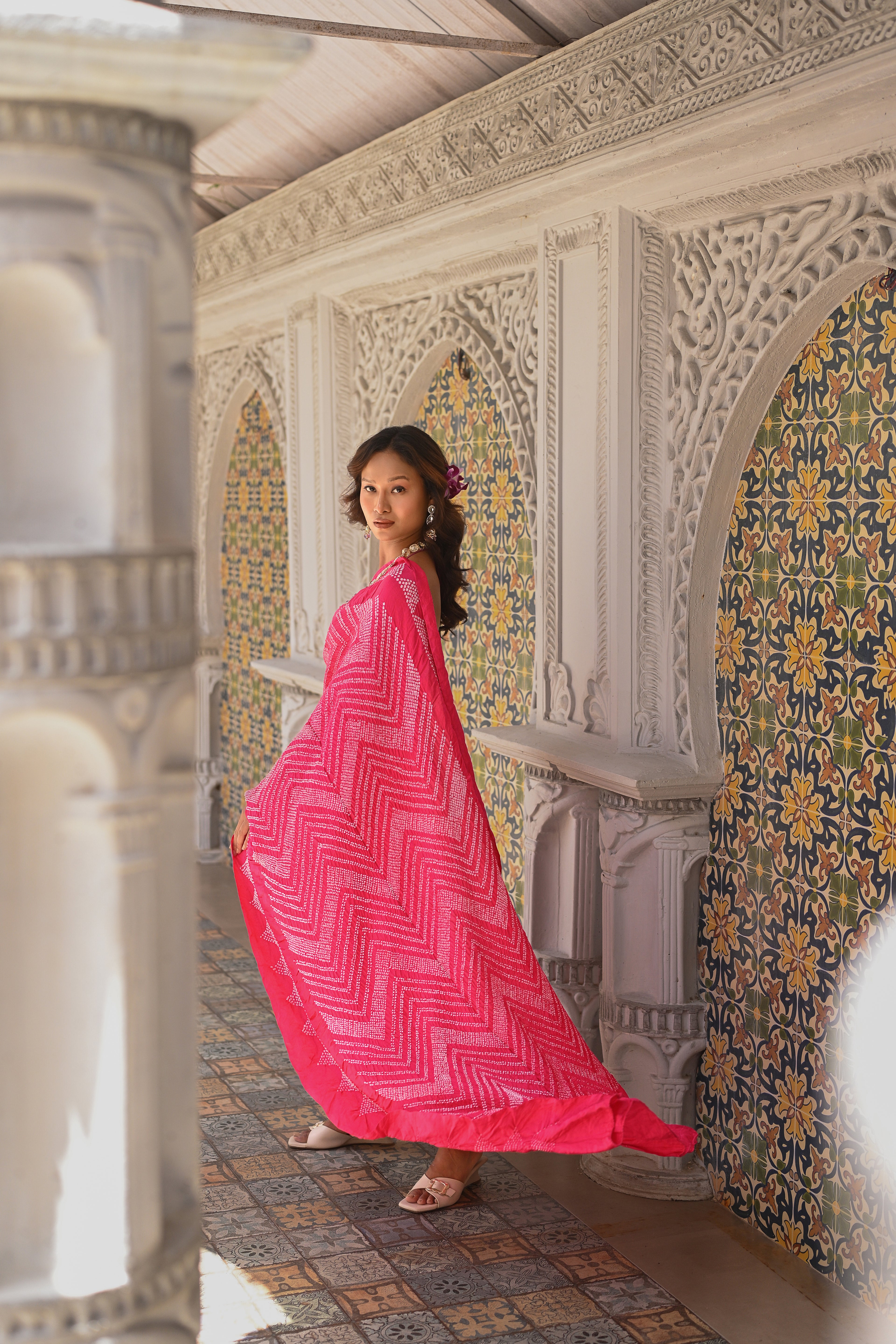 PINK CHEVRON SILK BANDHANI SAREE