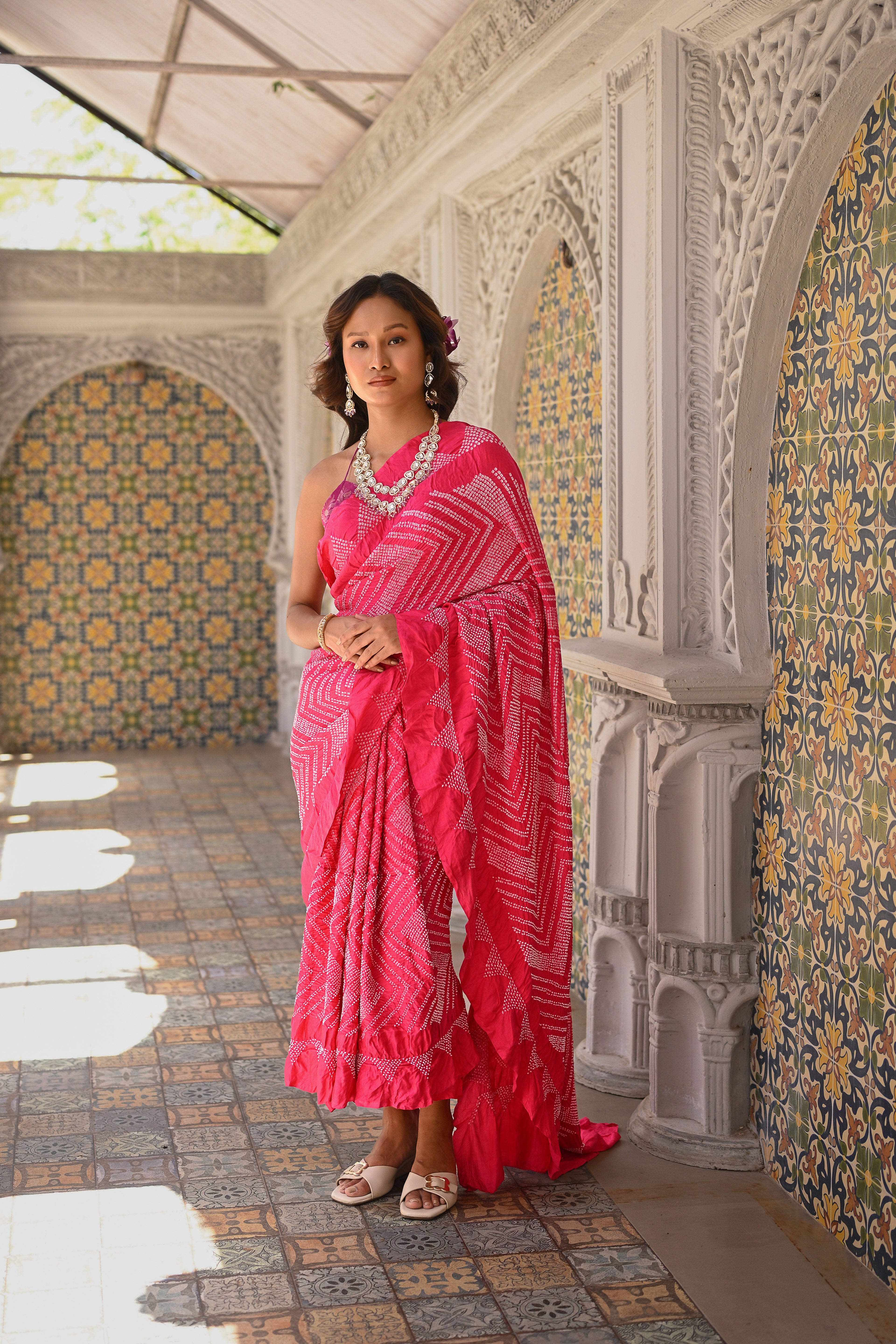 PINK CHEVRON SILK BANDHANI SAREE