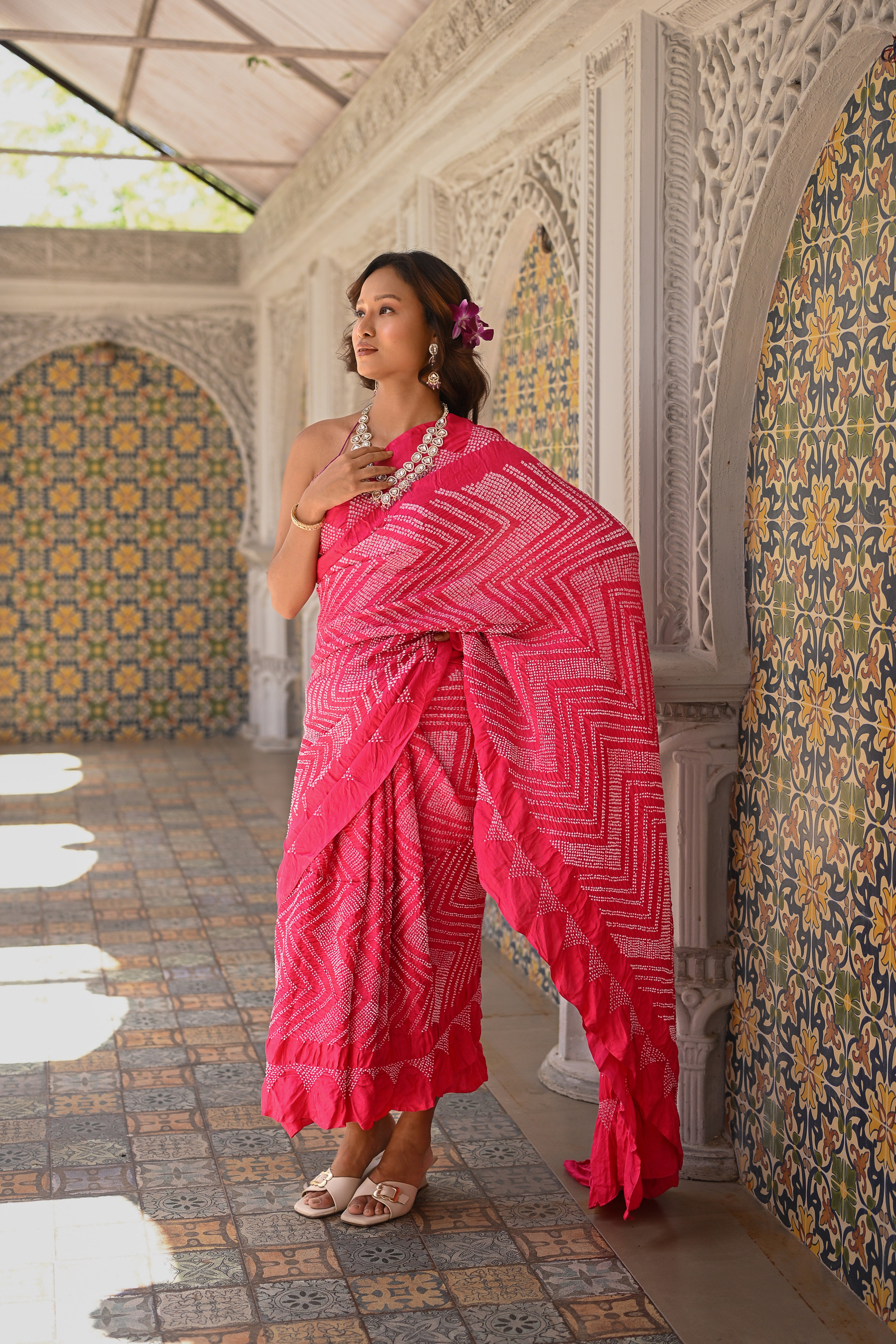 PINK CHEVRON SILK BANDHANI SAREE