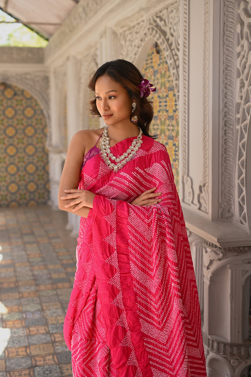 PINK CHEVRON SILK BANDHANI SAREE