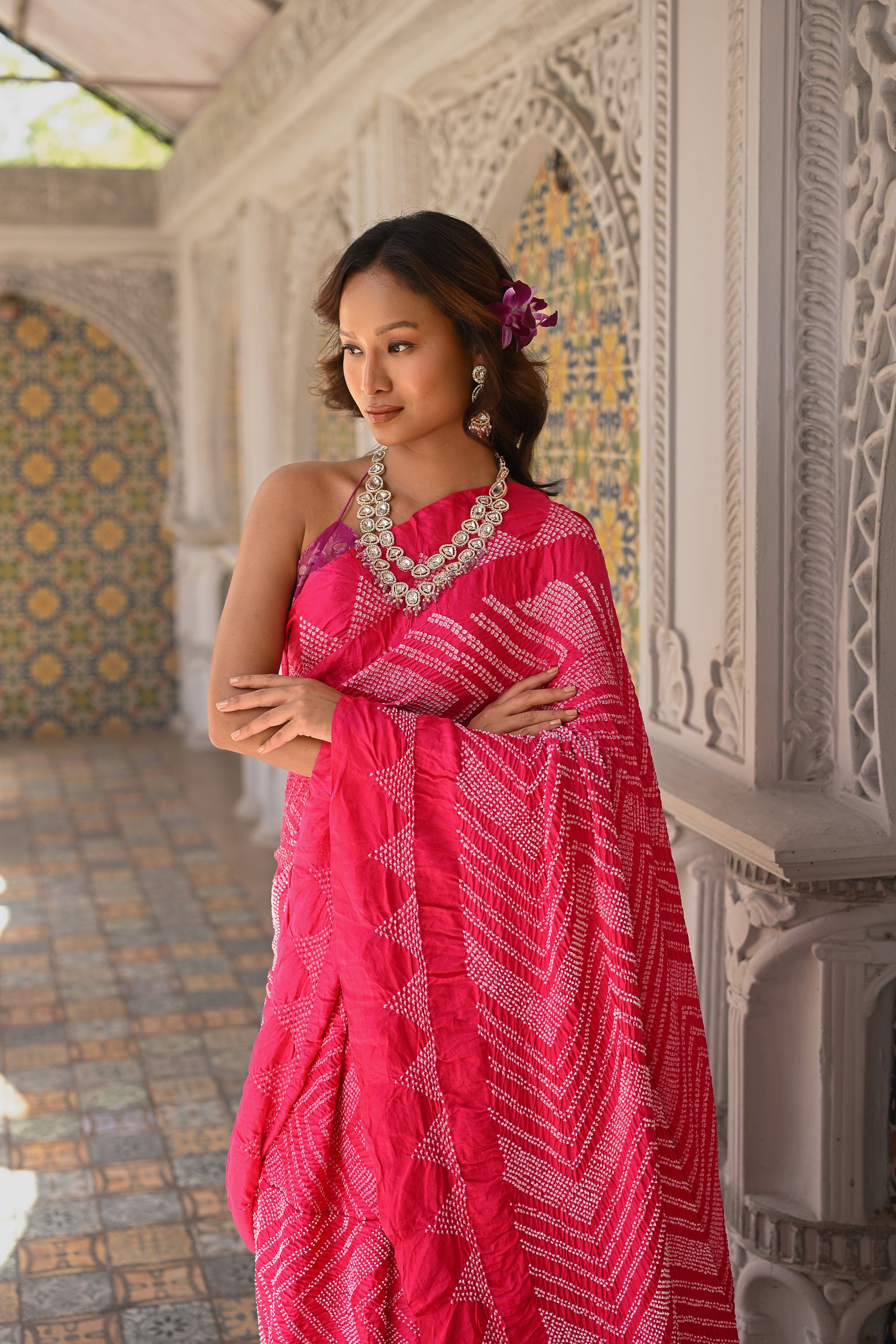 PINK CHEVRON SILK BANDHANI SAREE