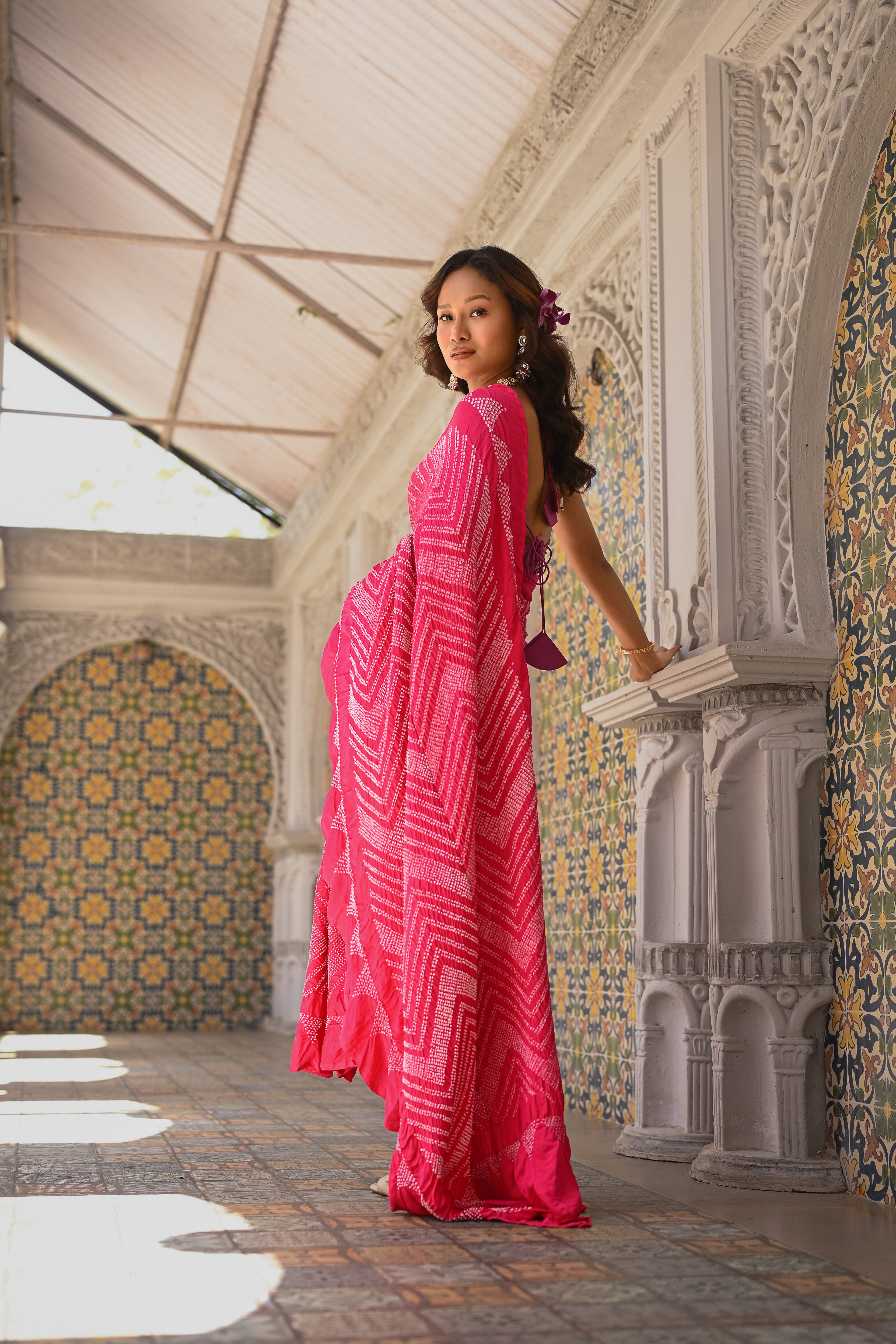 PINK CHEVRON SILK BANDHANI SAREE
