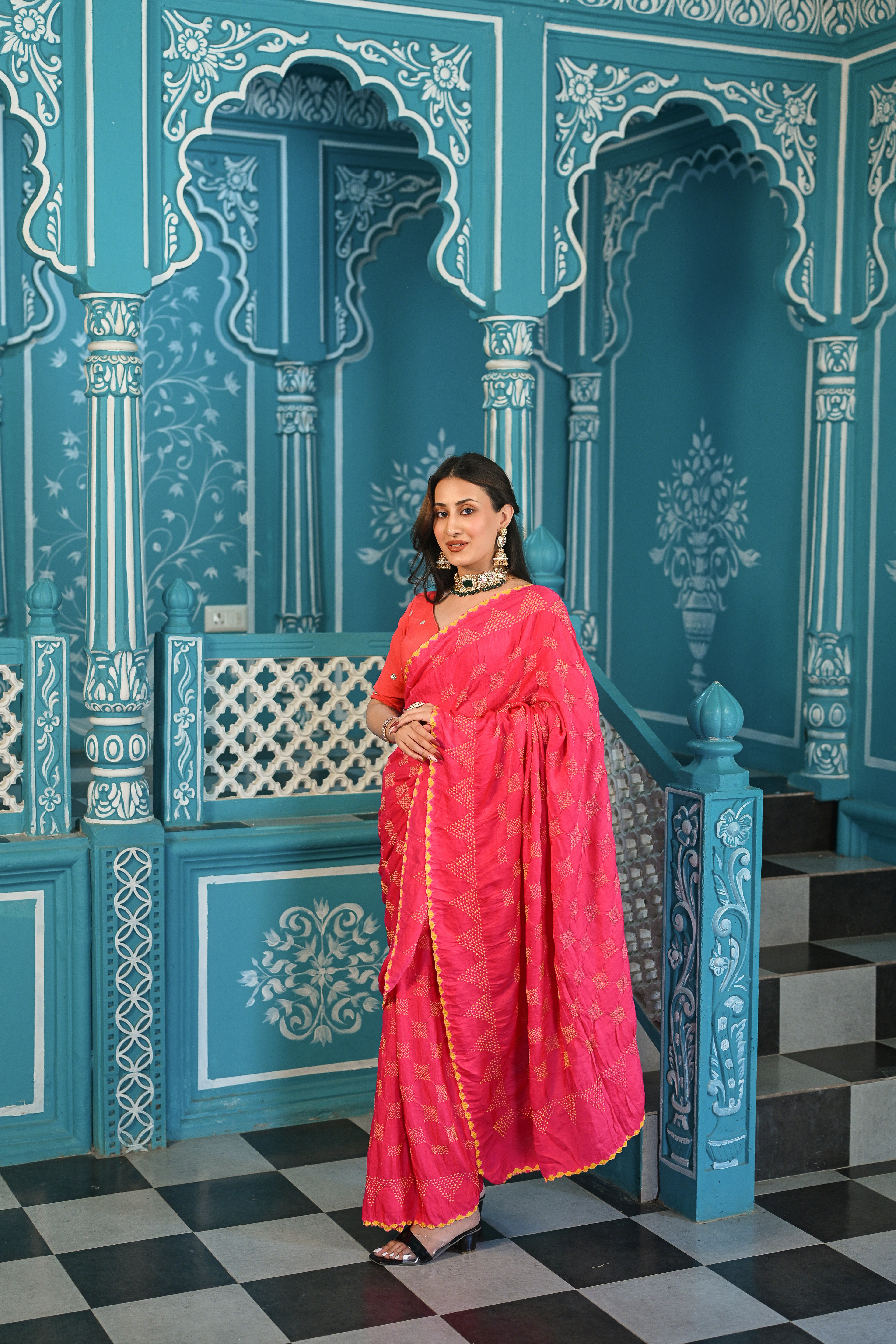 PINK SQUARE SILK BANDHANI SAREE
