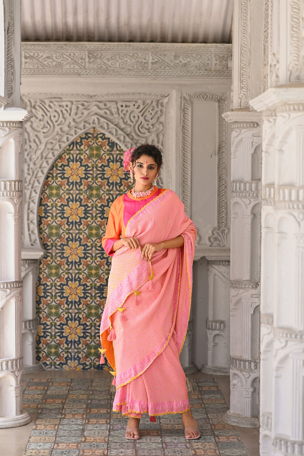 LIGHT PINK EMBROIDERED SILK BANDHANI SAREE WITH TASSELS