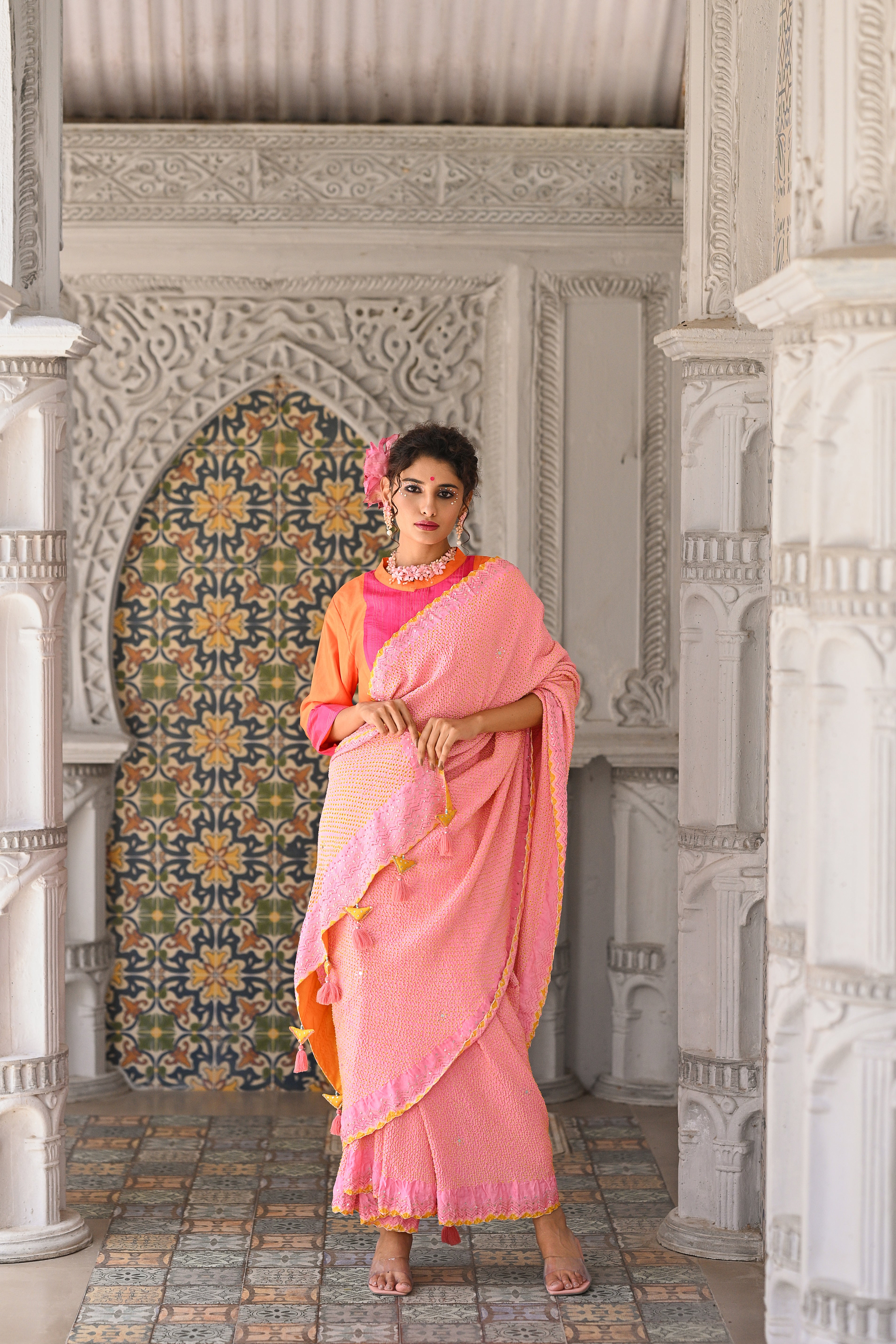 LIGHT PINK EMBROIDERED SILK BANDHANI SAREE WITH TASSELS