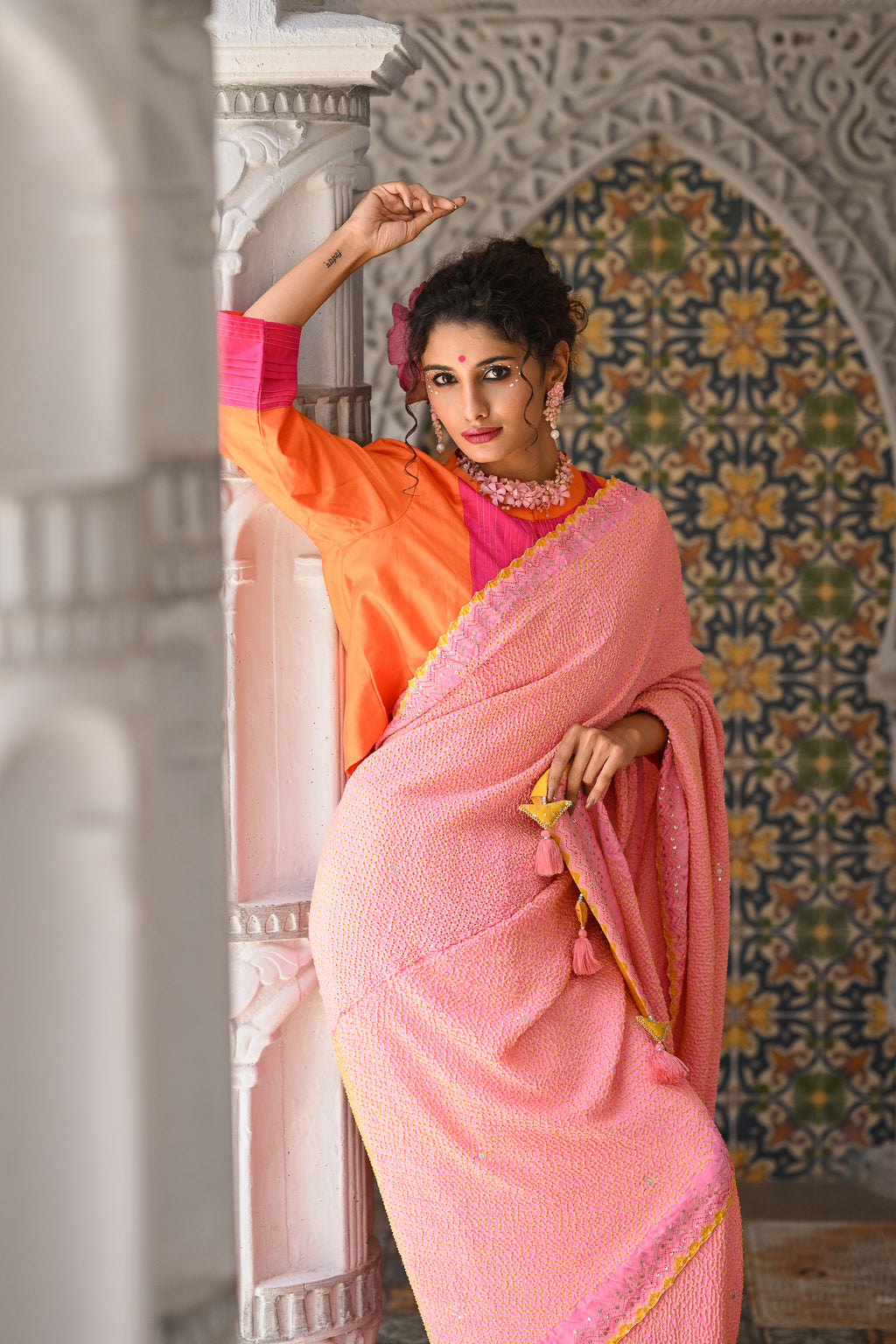 LIGHT PINK EMBROIDERED SILK BANDHANI SAREE WITH TASSELS