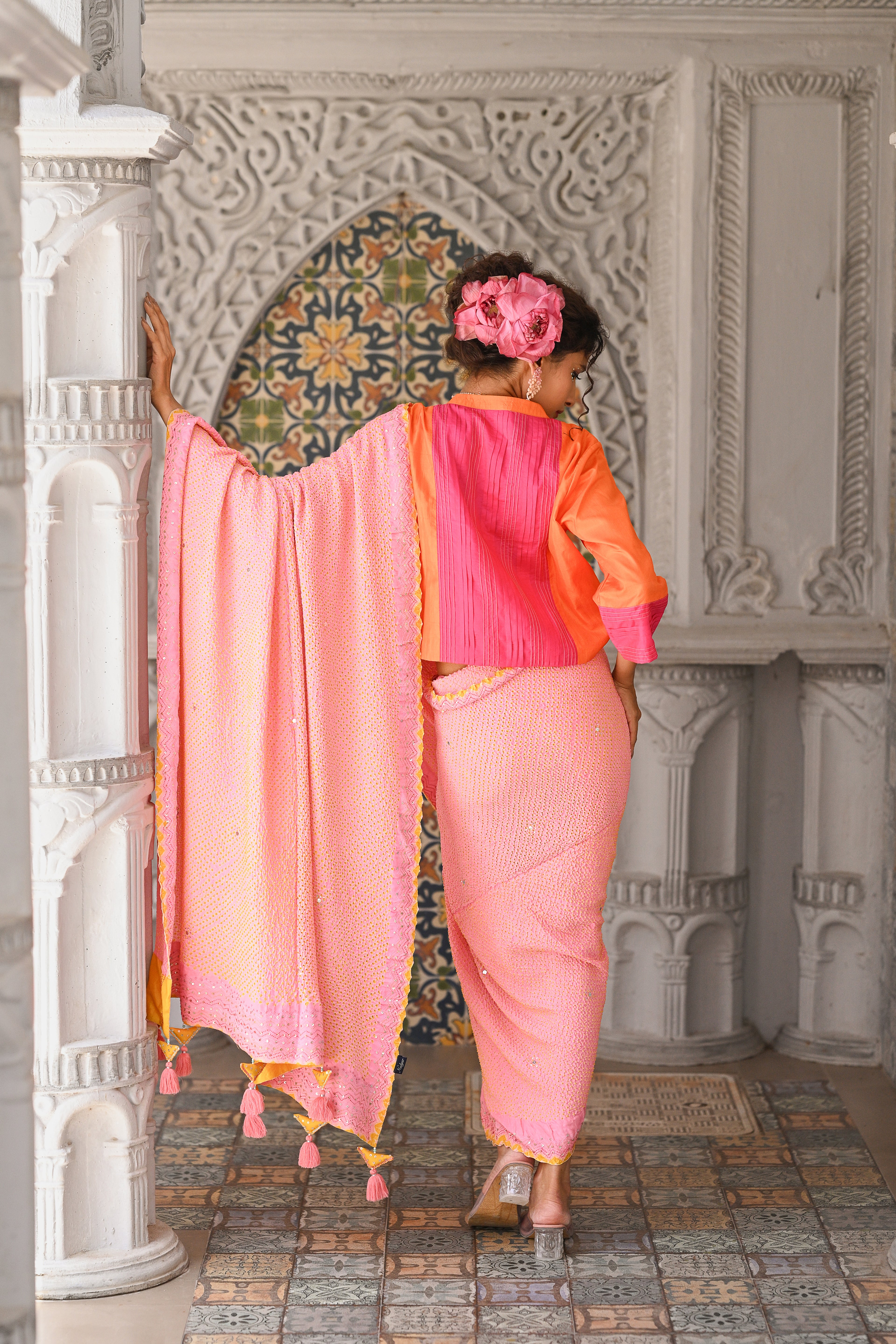 LIGHT PINK EMBROIDERED SILK BANDHANI SAREE WITH TASSELS