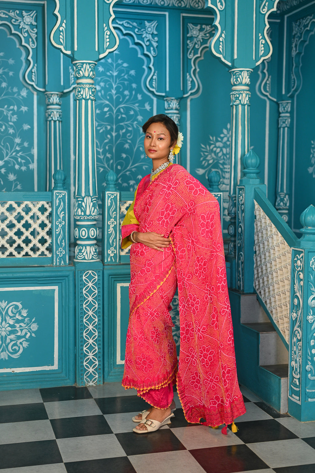 PINK POPPY FLOWER EMBROIDERED SILK BANDHANI SAREE WITH TASSELS