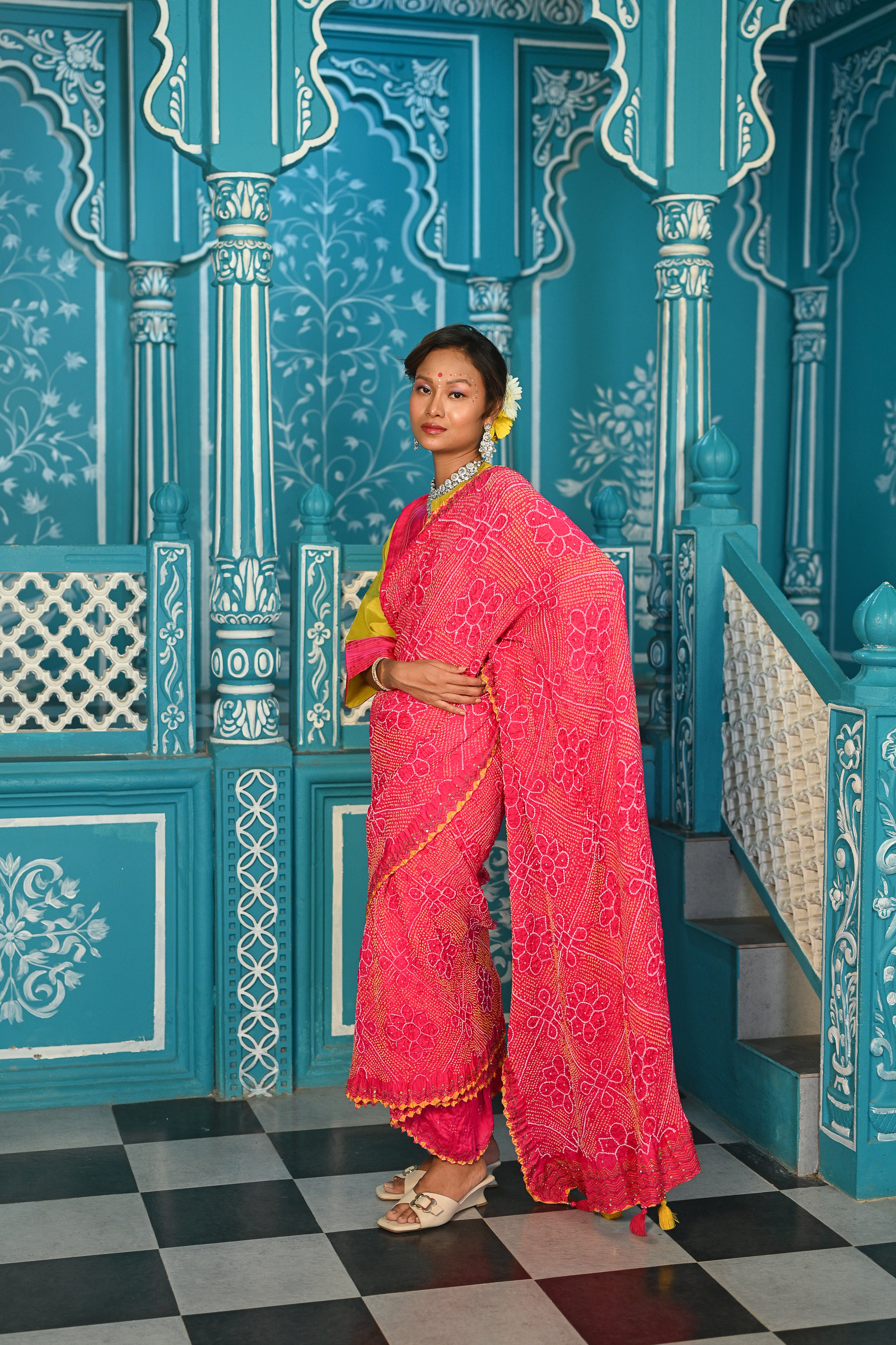 PINK POPPY FLOWER EMBROIDERED SILK BANDHANI SAREE WITH TASSELS
