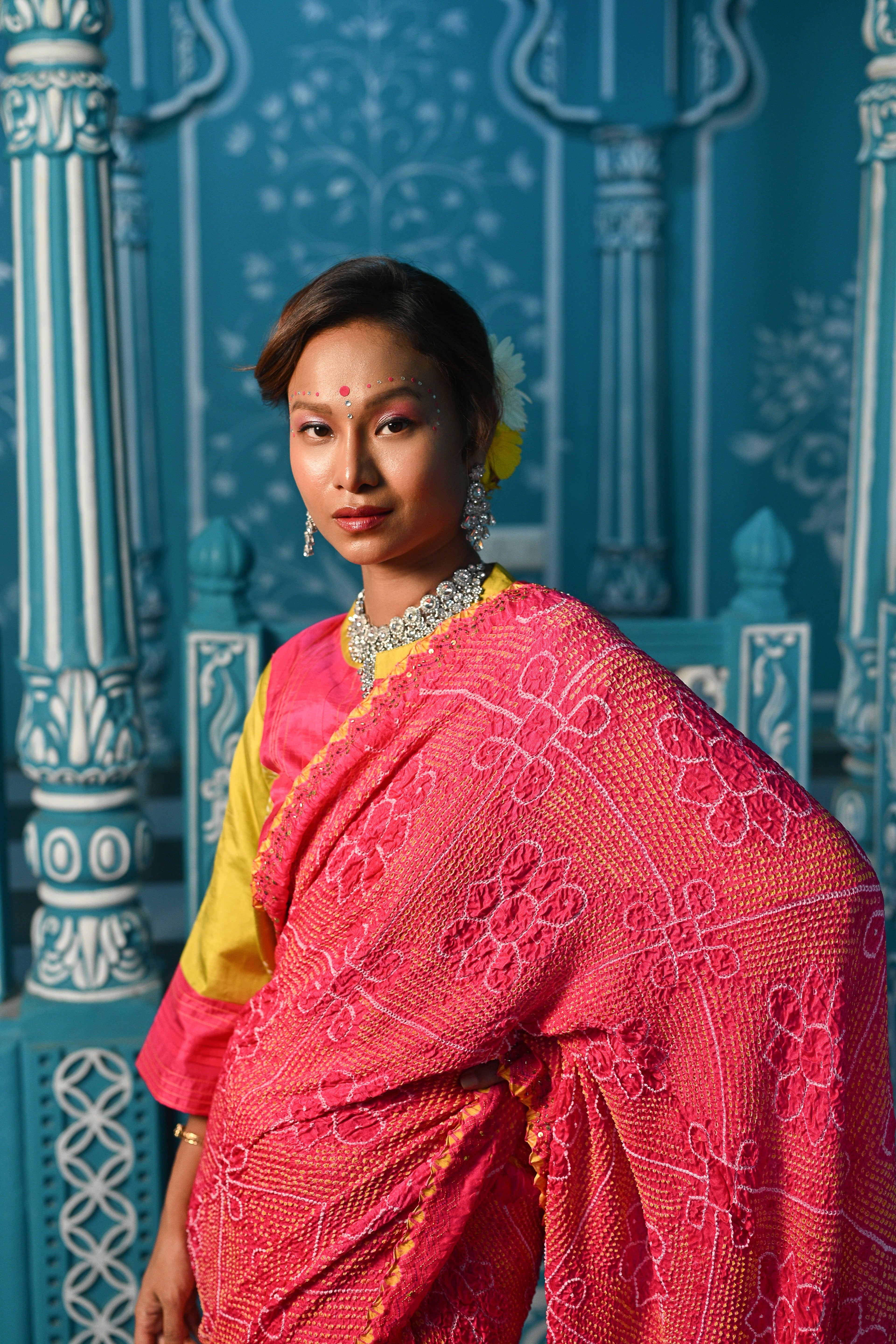 PINK POPPY FLOWER EMBROIDERED SILK BANDHANI SAREE WITH TASSELS