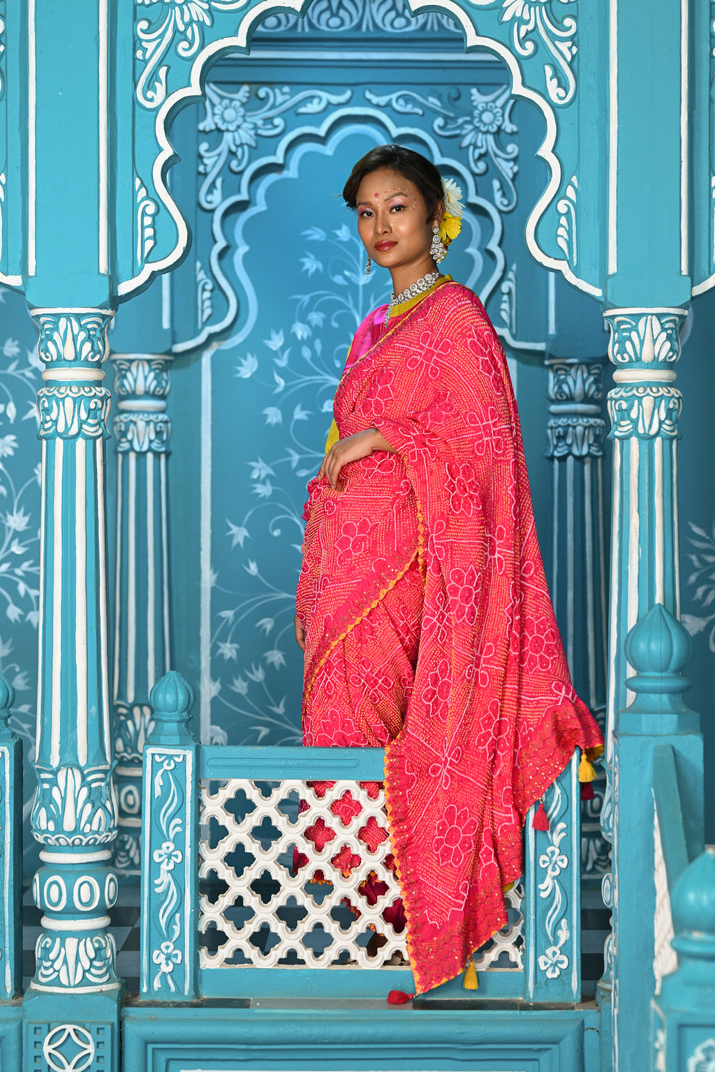 PINK POPPY FLOWER EMBROIDERED SILK BANDHANI SAREE WITH TASSELS