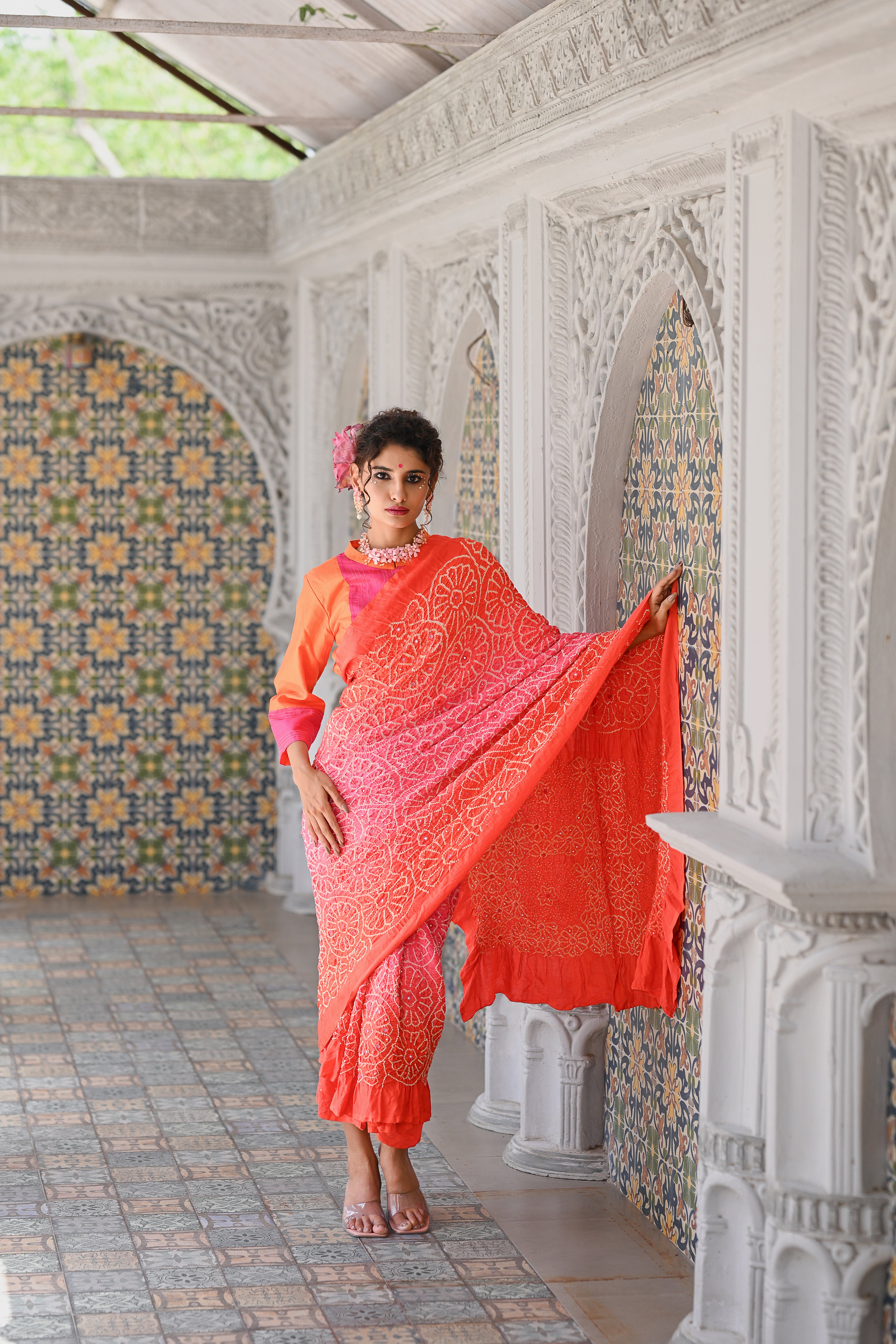 PEACH - ORANGE FLORAL EMBROIDERED SILK BANDHANI SAREE