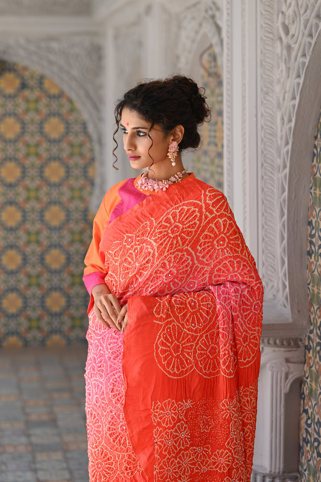PEACH - ORANGE FLORAL EMBROIDERED SILK BANDHANI SAREE