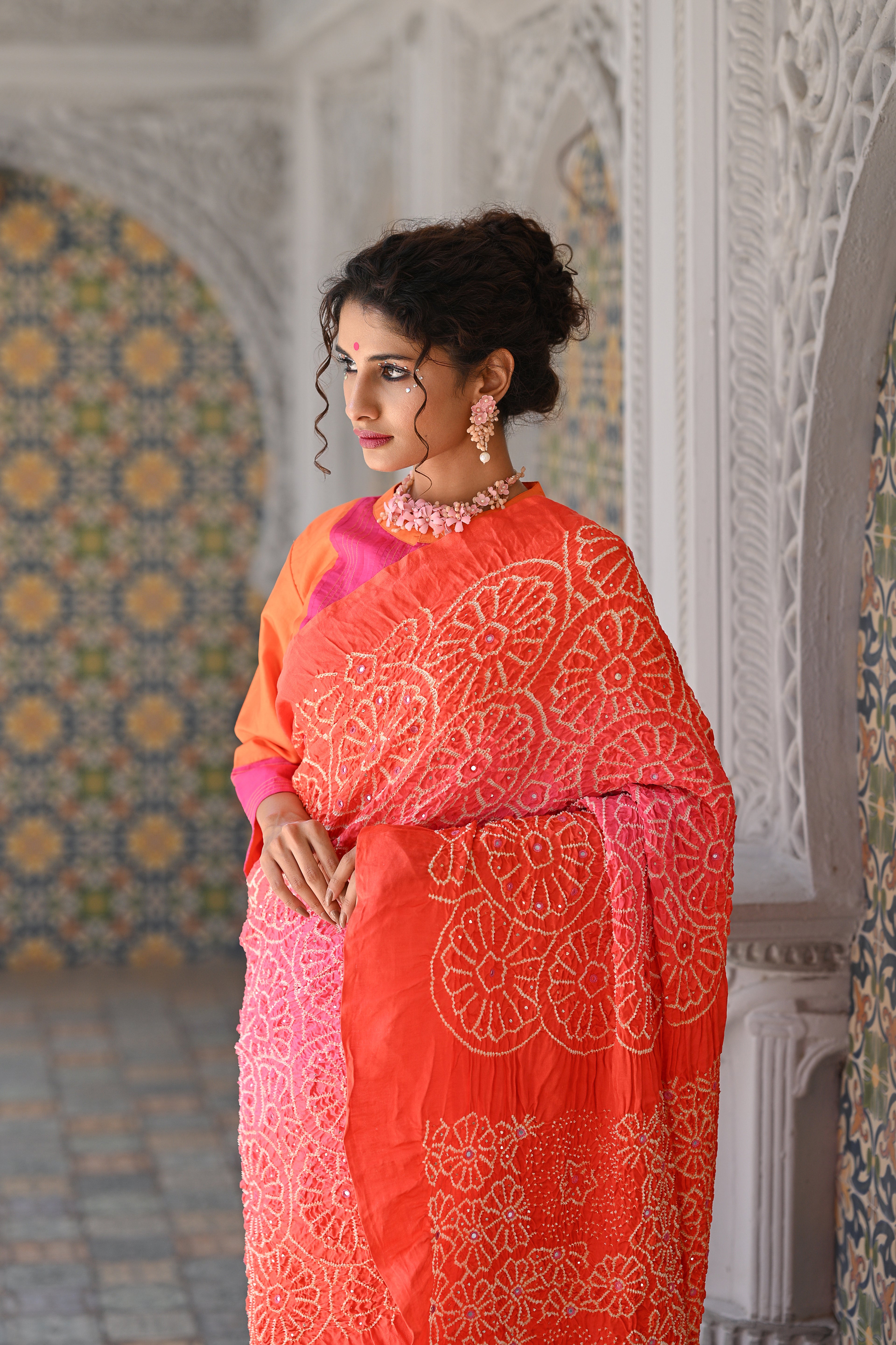 PEACH - ORANGE FLORAL EMBROIDERED SILK BANDHANI SAREE