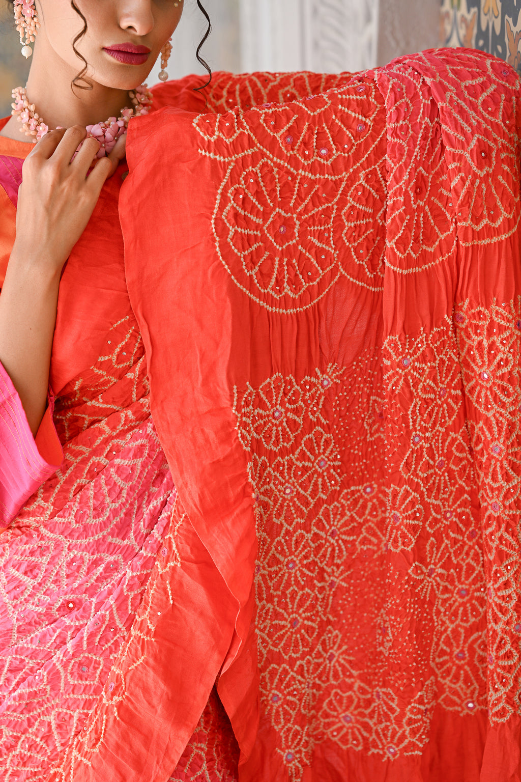 PEACH - ORANGE FLORAL EMBROIDERED SILK BANDHANI SAREE