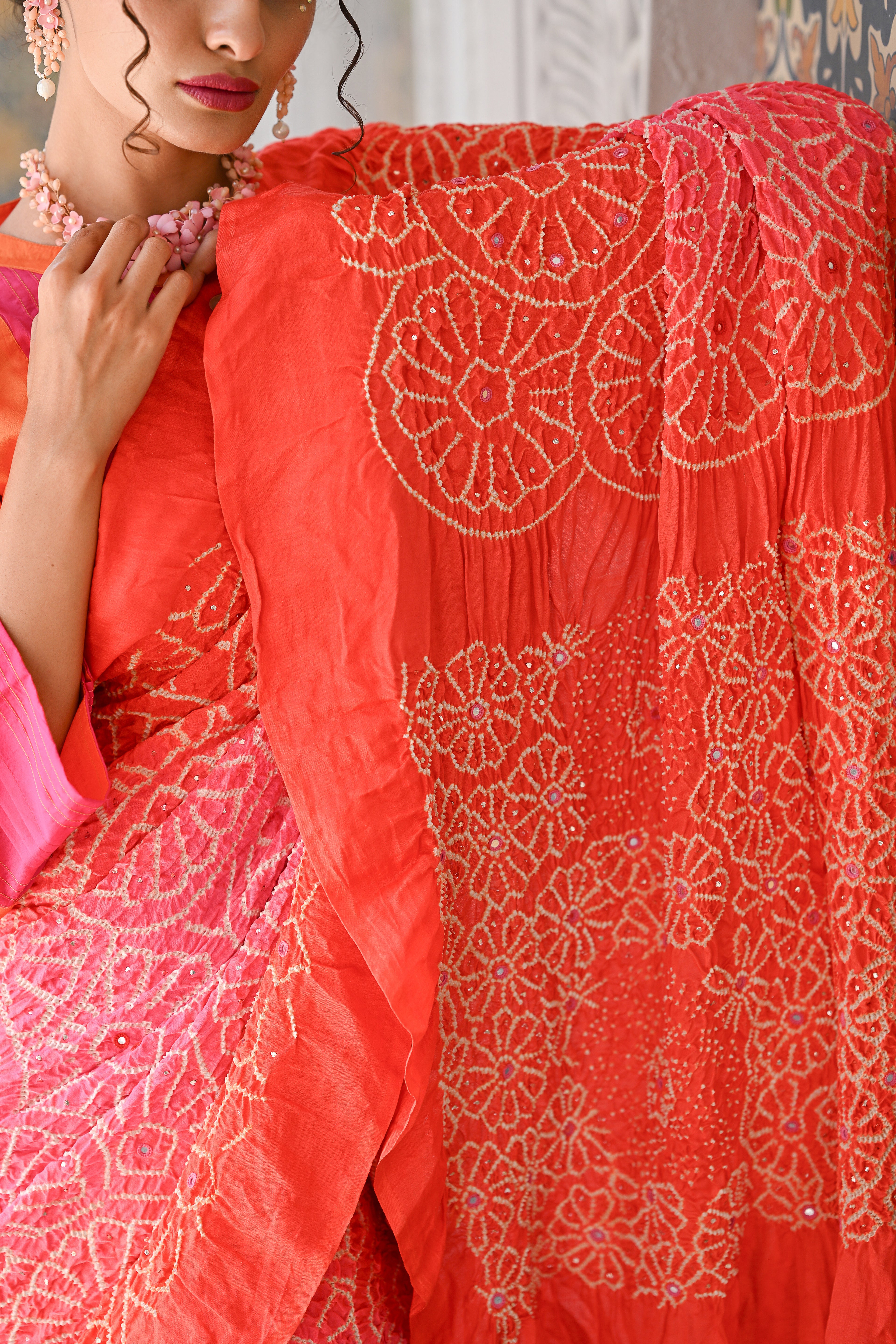PEACH - ORANGE FLORAL EMBROIDERED SILK BANDHANI SAREE