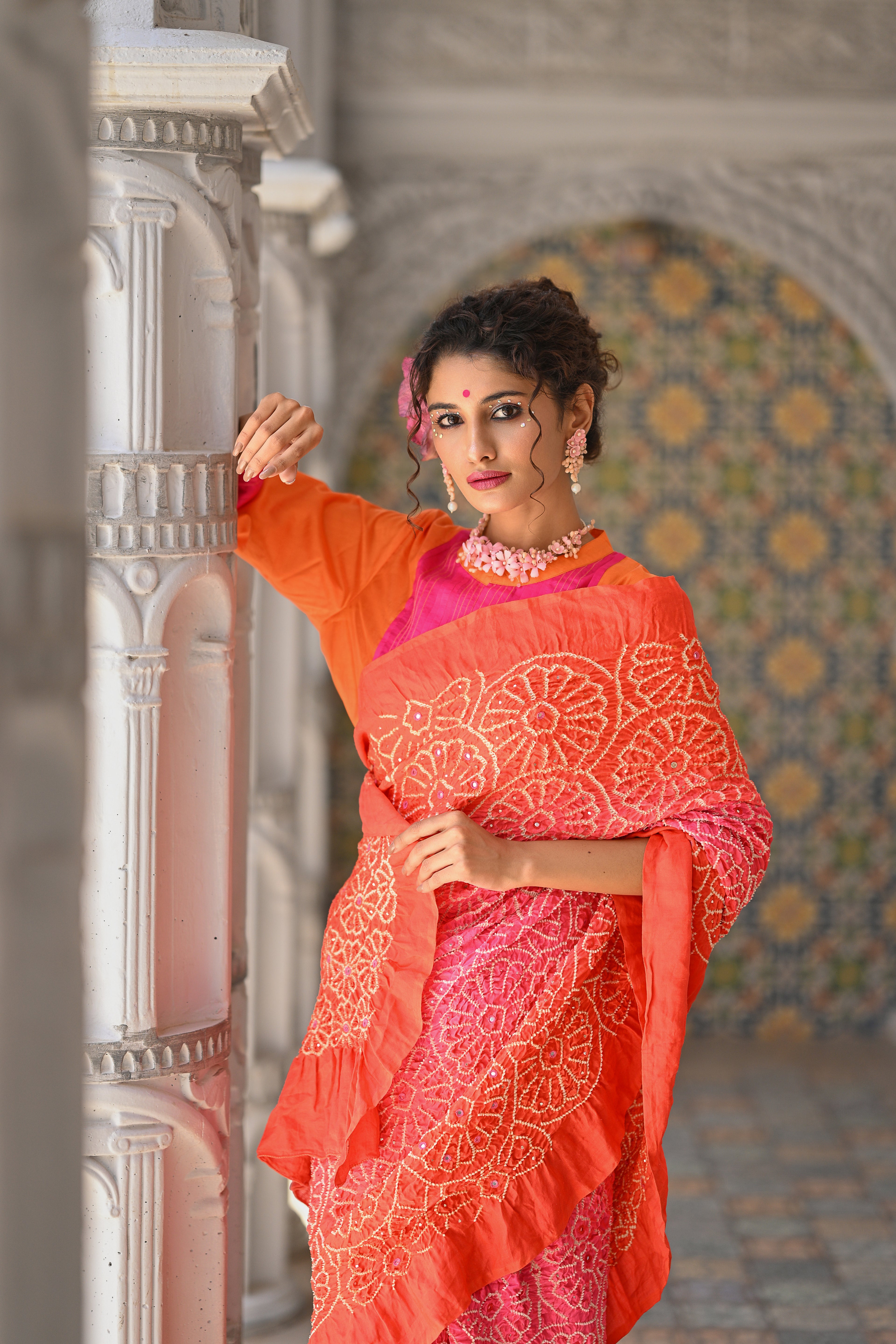 PEACH - ORANGE FLORAL EMBROIDERED SILK BANDHANI SAREE