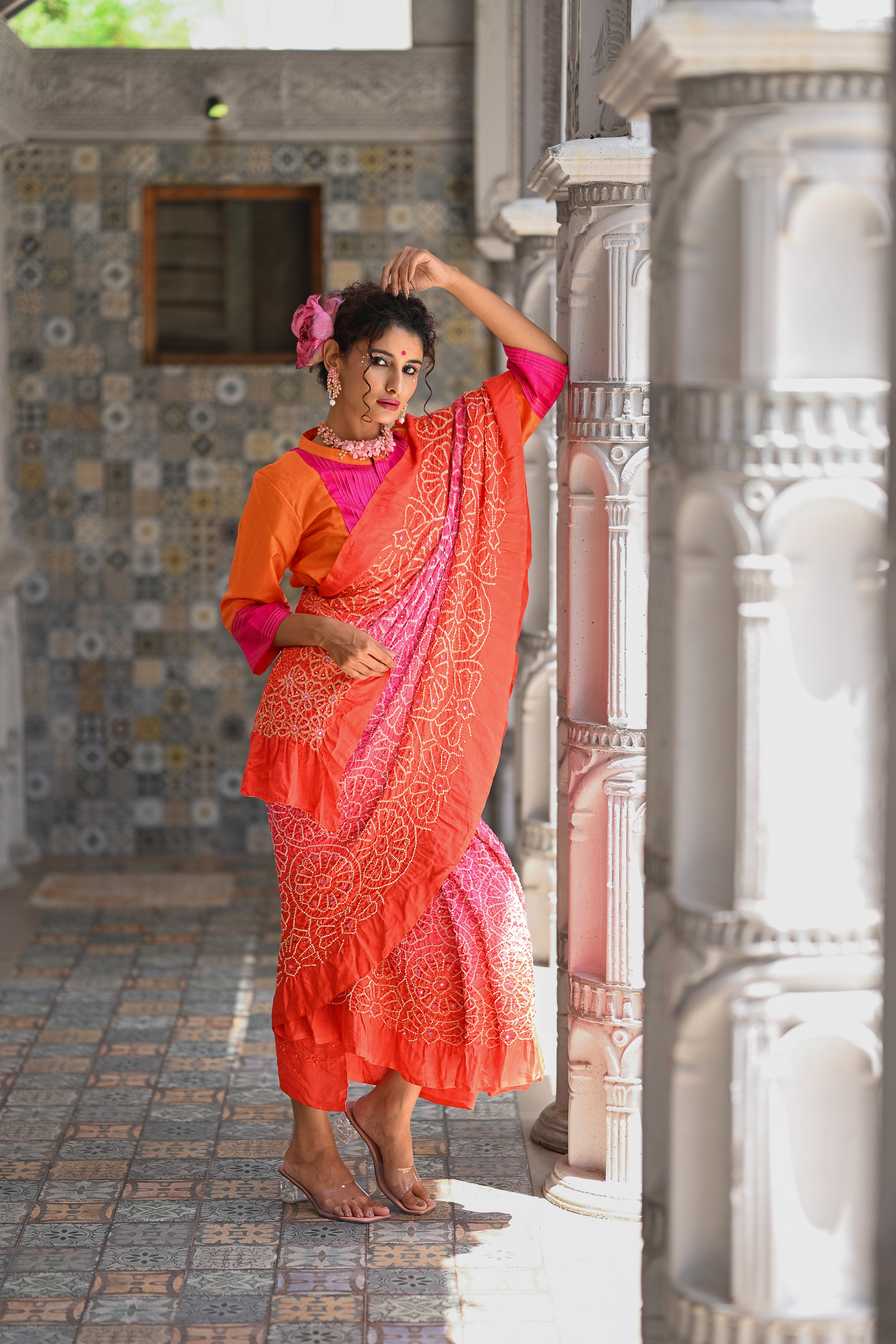 PEACH - ORANGE FLORAL EMBROIDERED SILK BANDHANI SAREE