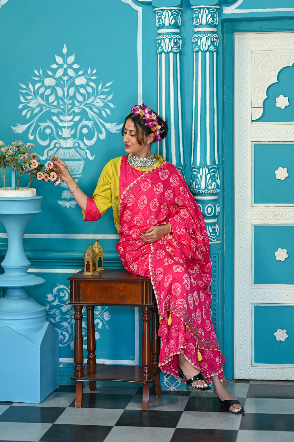 PINK CIRCLE OF THE LIFE EMBROIDERED SILK BANDHANI SAREE WITH TASSELS