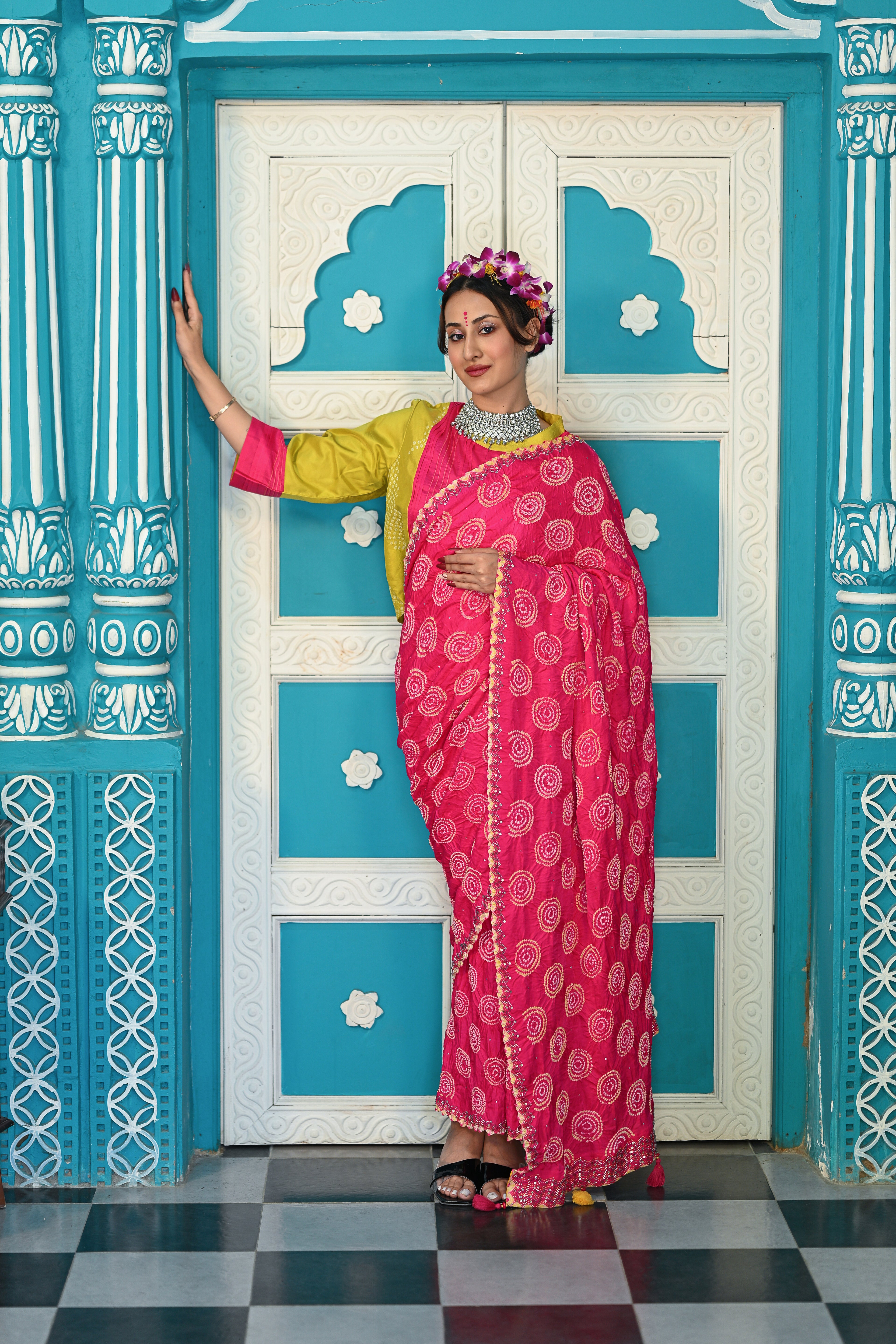 PINK CIRCLE OF THE LIFE EMBROIDERED SILK BANDHANI SAREE WITH TASSELS