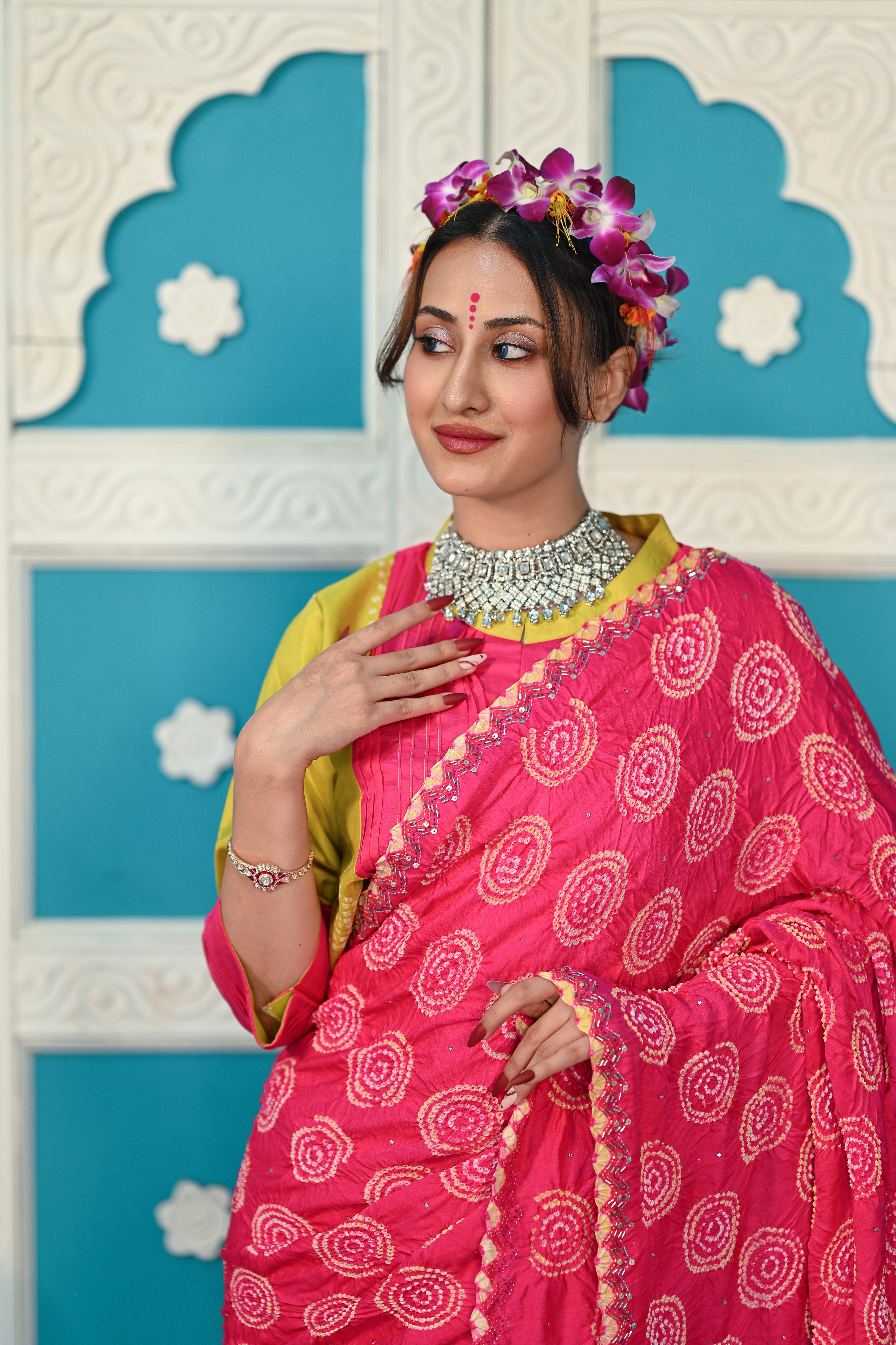 PINK CIRCLE OF THE LIFE EMBROIDERED SILK BANDHANI SAREE WITH TASSELS
