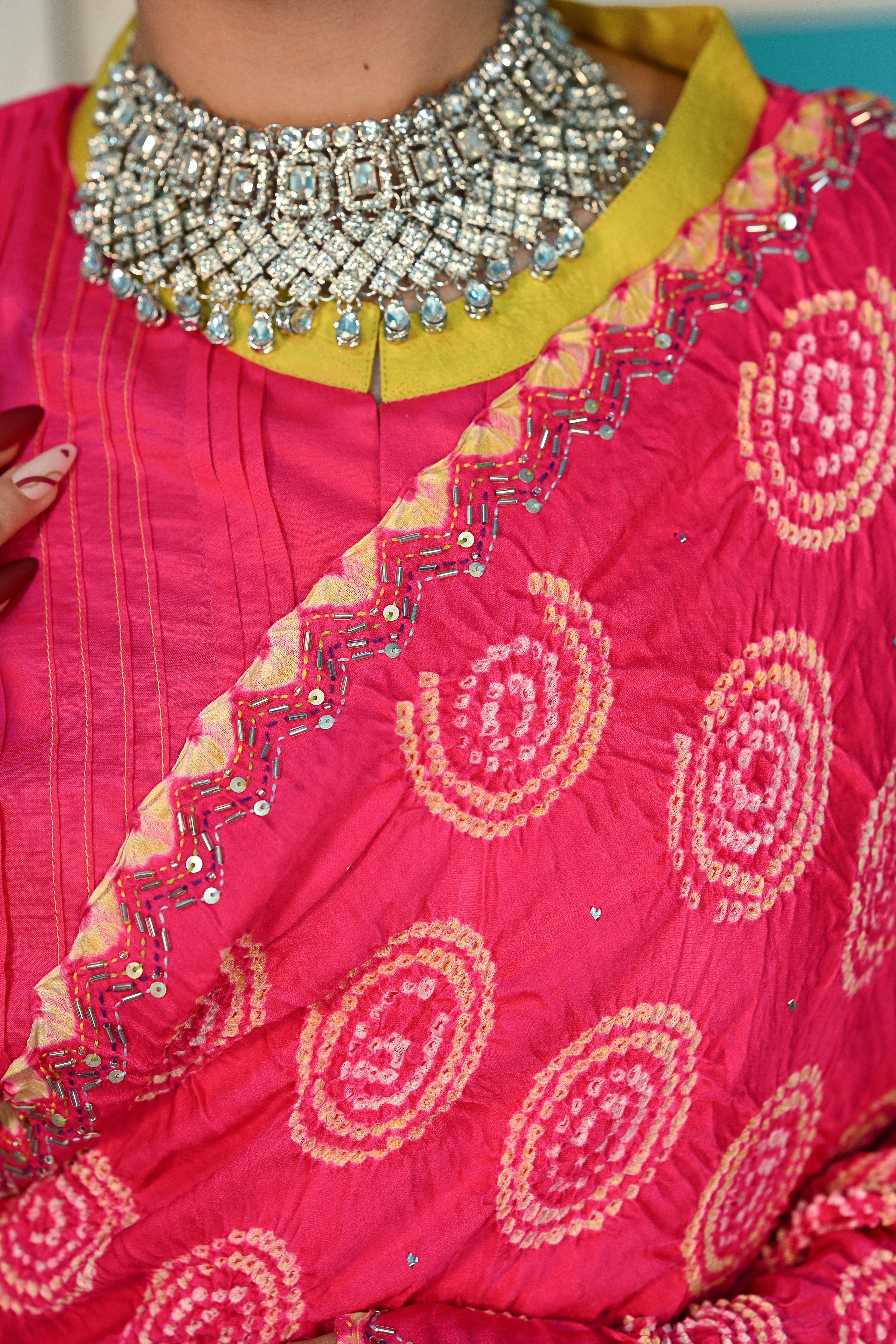 PINK CIRCLE OF THE LIFE EMBROIDERED SILK BANDHANI SAREE WITH TASSELS