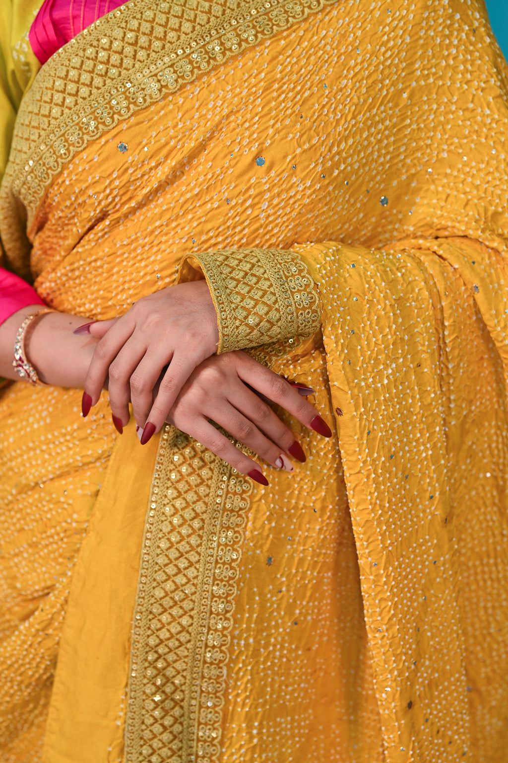YELLOW DIAMOND SILK BANDHANI EMBROIDERED SAREE WITH TASSELS