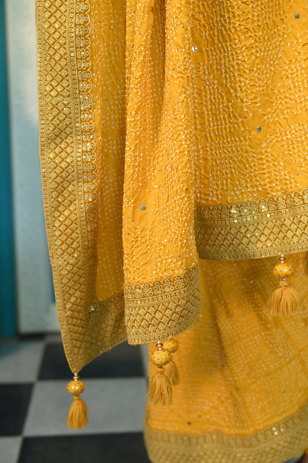 YELLOW DIAMOND SILK BANDHANI EMBROIDERED SAREE WITH TASSELS