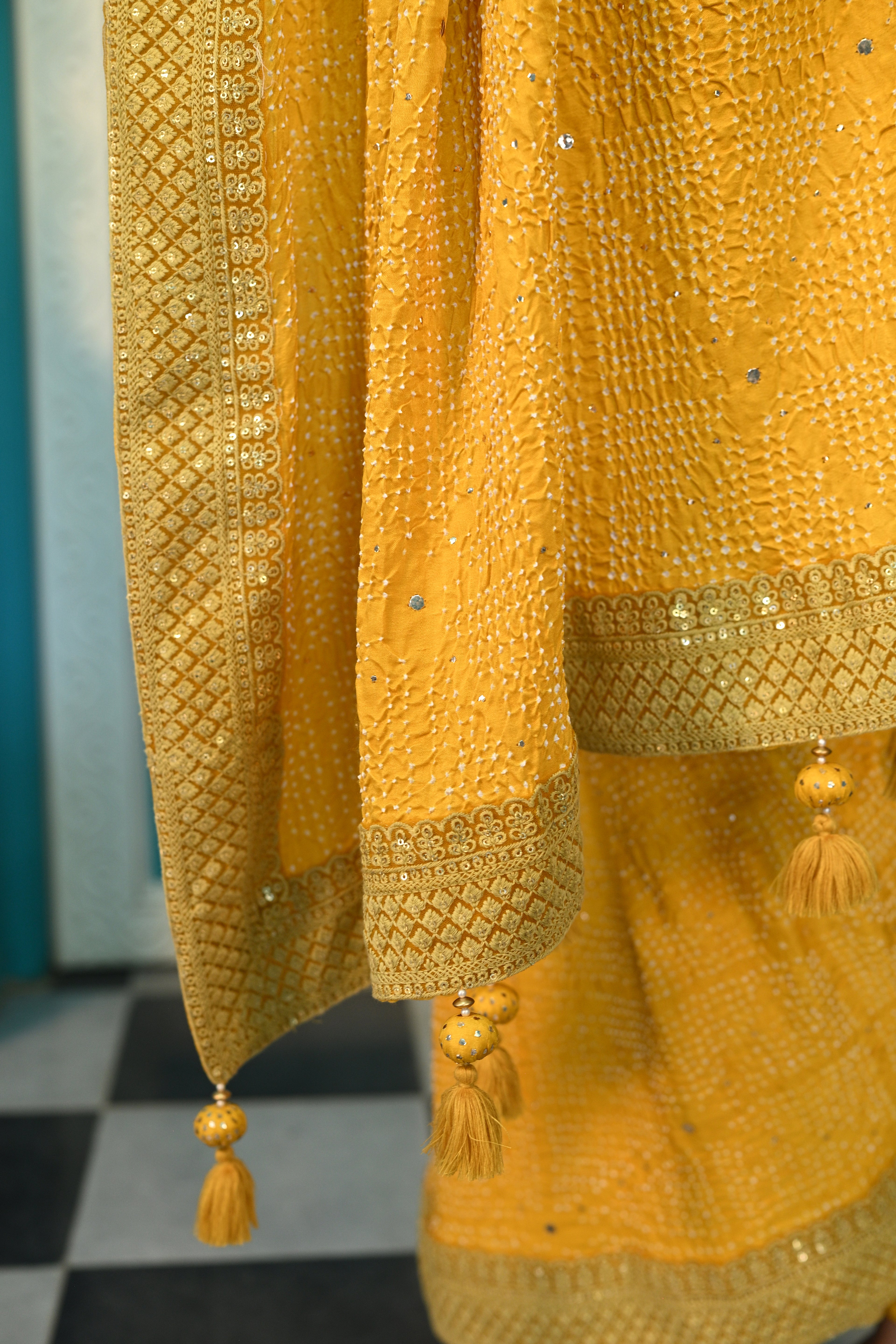 YELLOW DIAMOND SILK BANDHANI EMBROIDERED SAREE WITH TASSELS