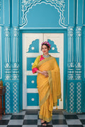 YELLOW DIAMOND SILK BANDHANI EMBROIDERED SAREE WITH TASSELS