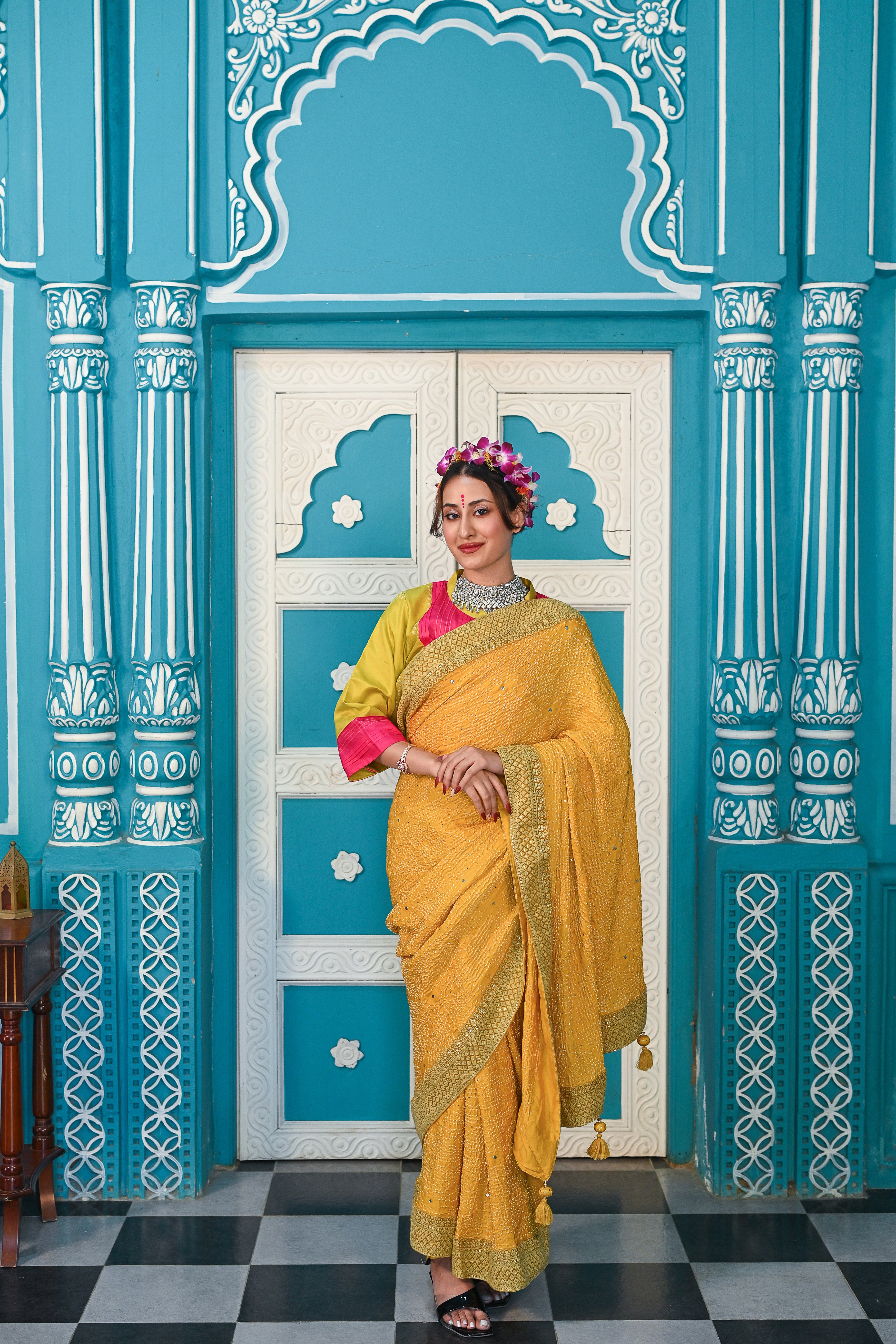 YELLOW DIAMOND SILK BANDHANI EMBROIDERED SAREE WITH TASSELS