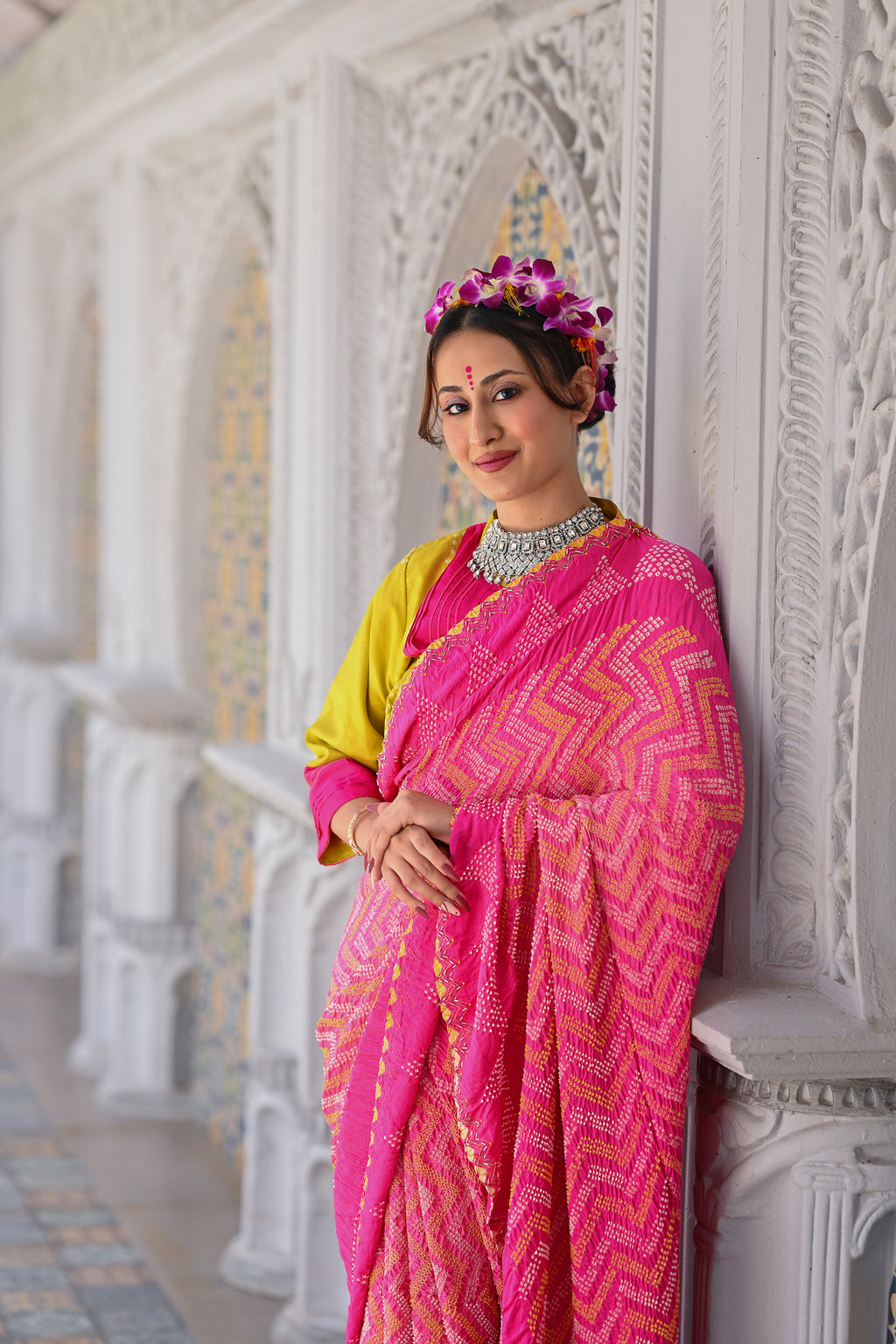PINK CHEVRON EMBROIDERED SILK BANDHANI SAREE WITH TASSELS