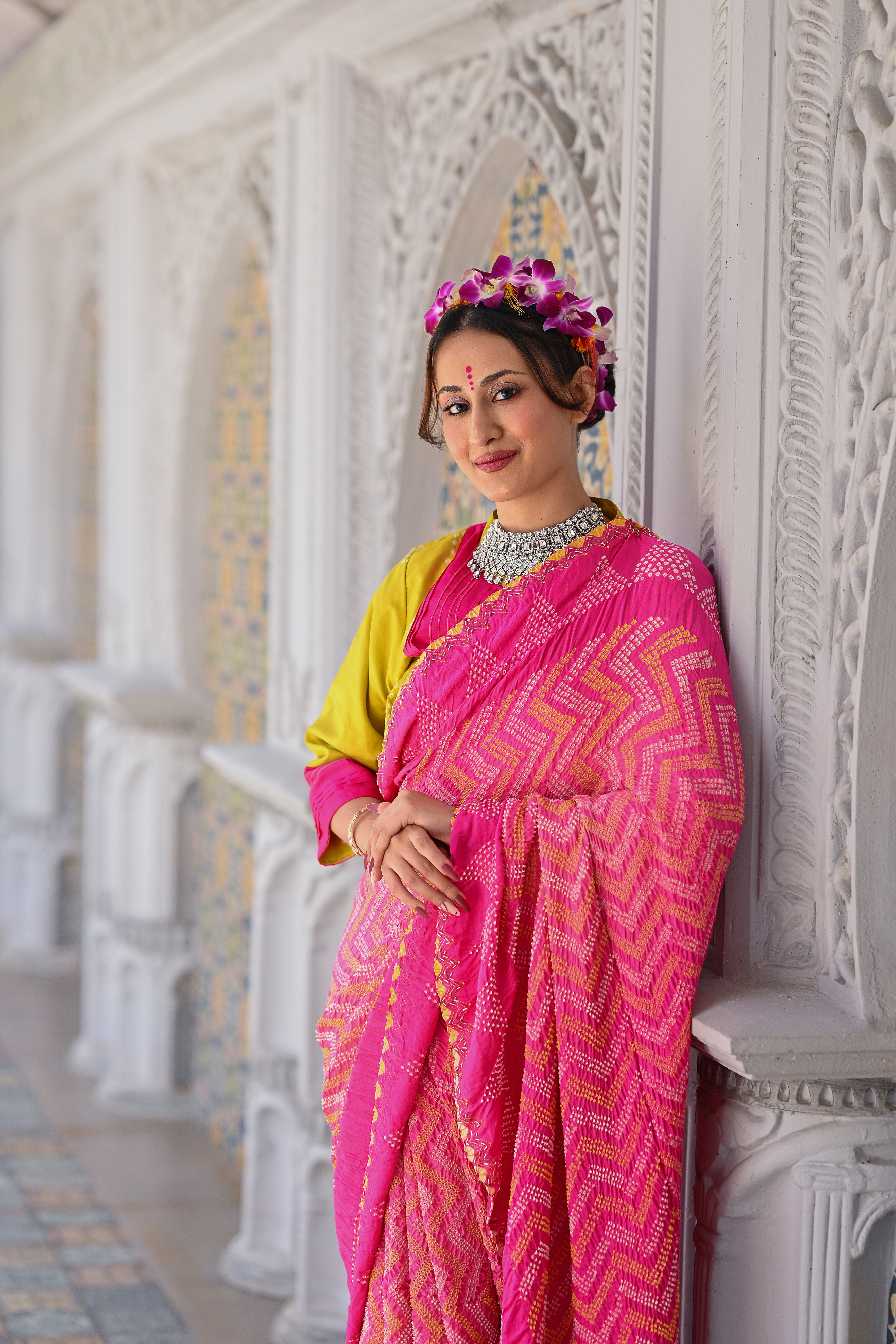 PINK CHEVRON EMBROIDERED SILK BANDHANI SAREE WITH TASSELS