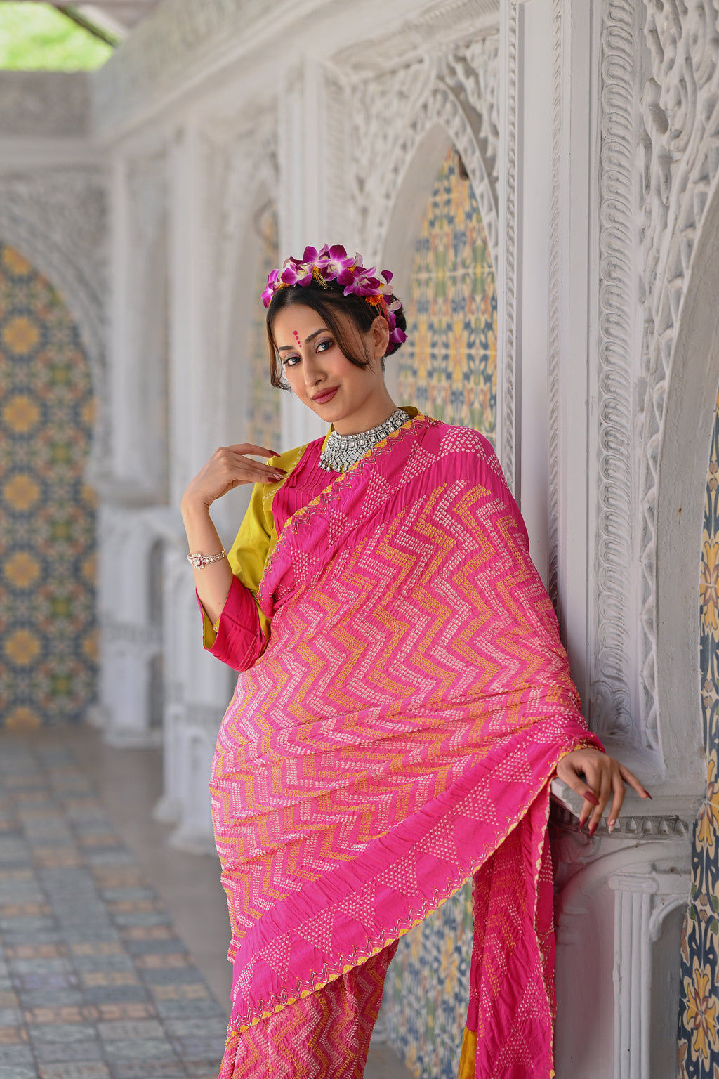 PINK CHEVRON EMBROIDERED SILK BANDHANI SAREE WITH TASSELS