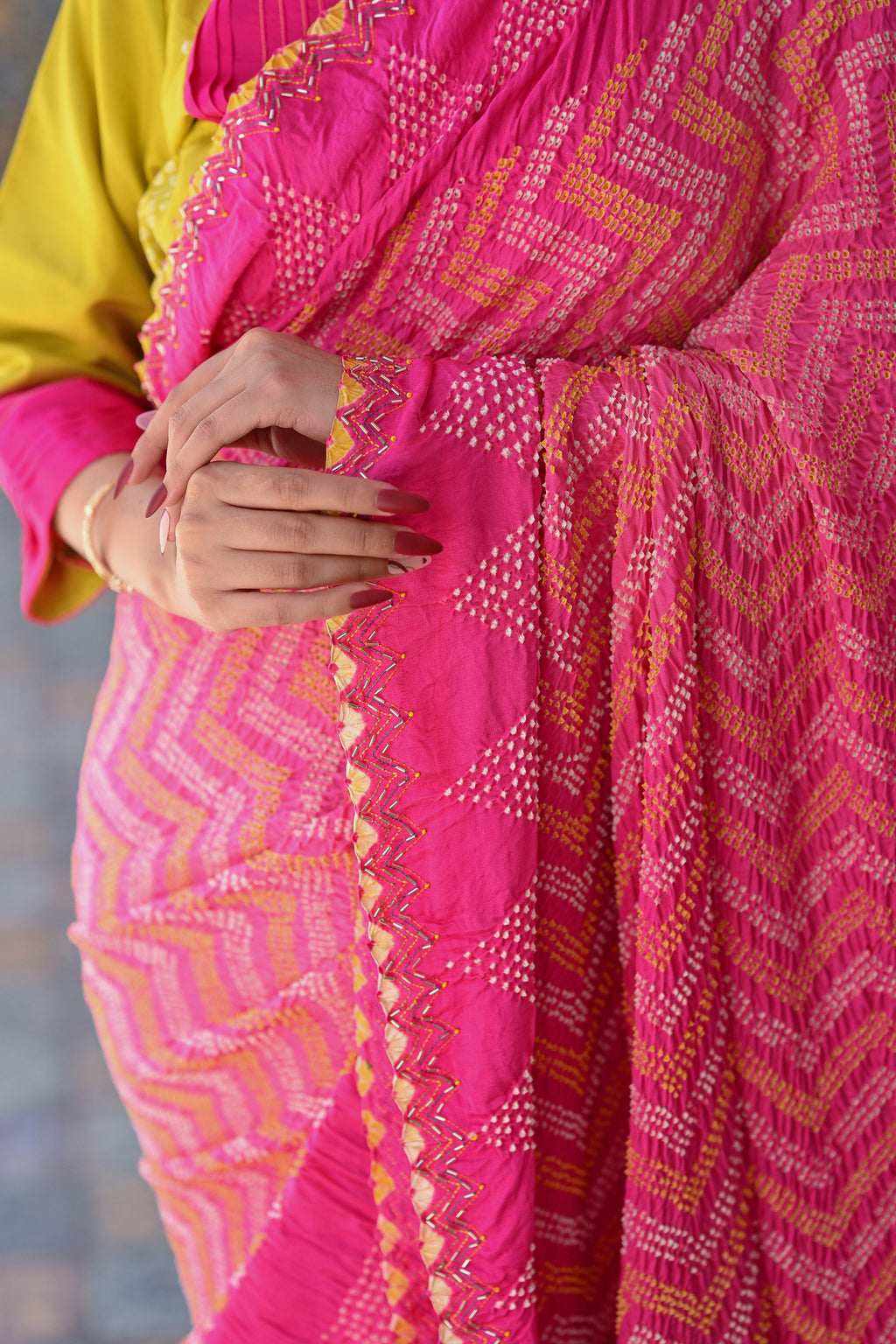 PINK CHEVRON EMBROIDERED SILK BANDHANI SAREE WITH TASSELS